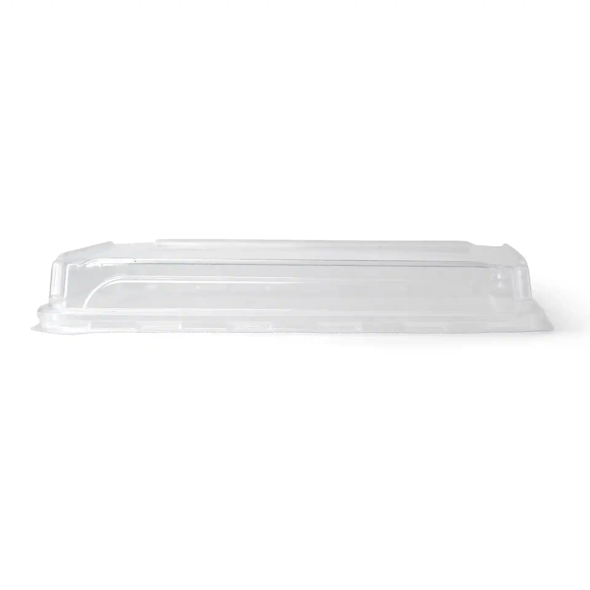 Coperchio in PET trasparente per scatole di sushi, misura 24 x 15 cm, con un'altezza di 3 cm.