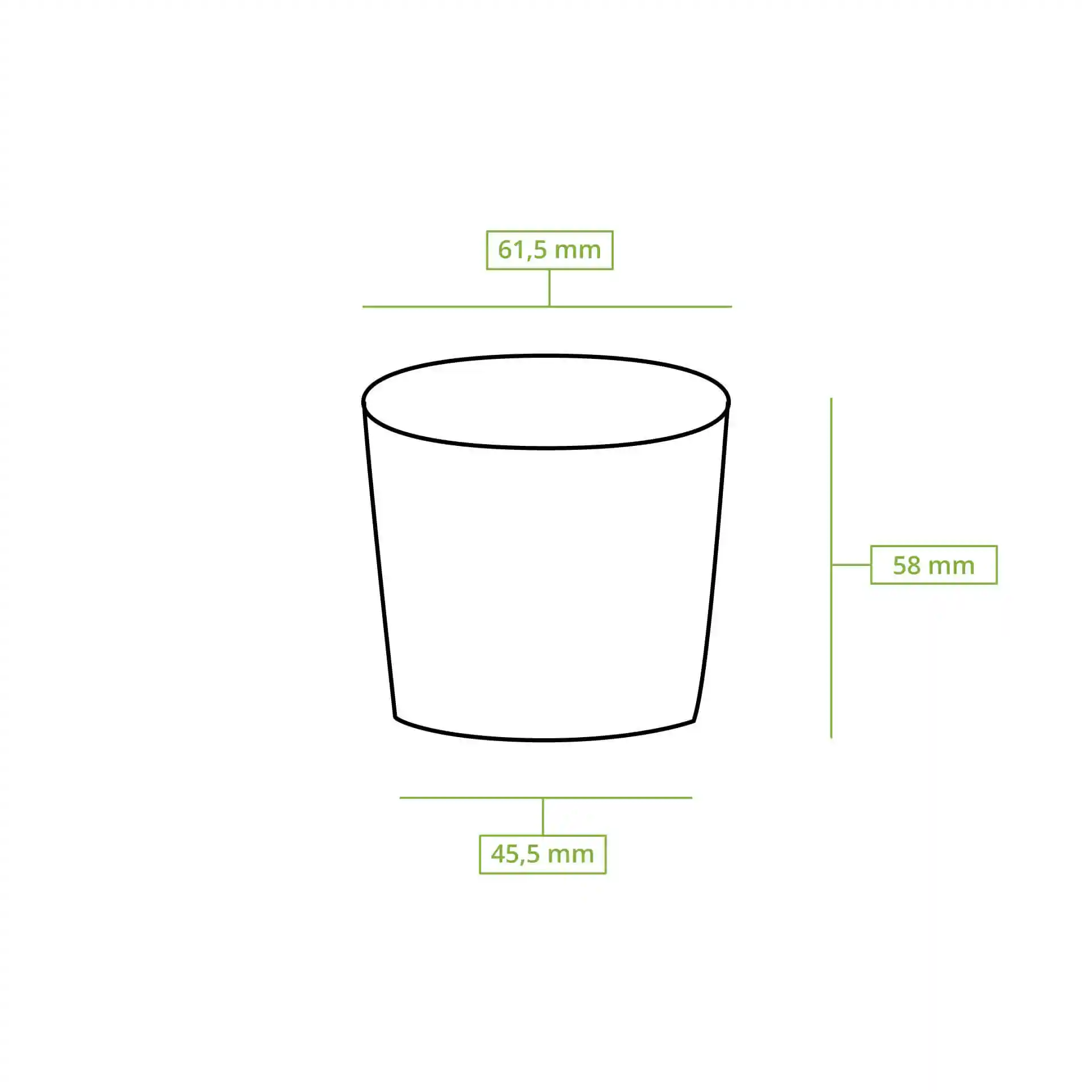 Disegno schematico di un contenitore rotondo con dimensioni: altezza 61 mm, diametro superiore 62 mm, diametro inferiore 45 mm.