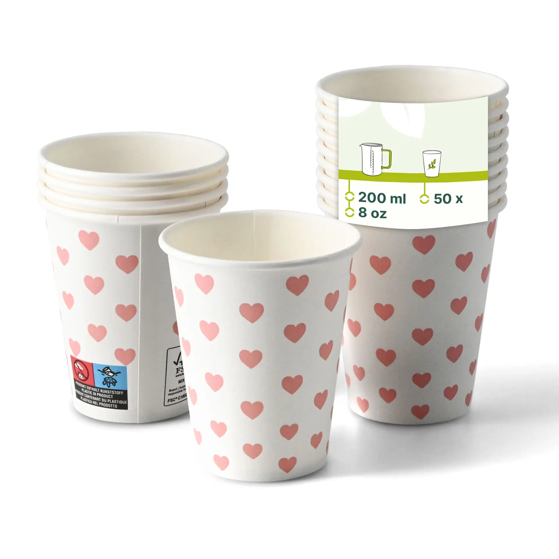 Un bicchiere di carta bianco con stampa cuori a fuoco; diversi bicchieri simili impilati dietro. Dimensioni: 8 oz, rivestito in PE.