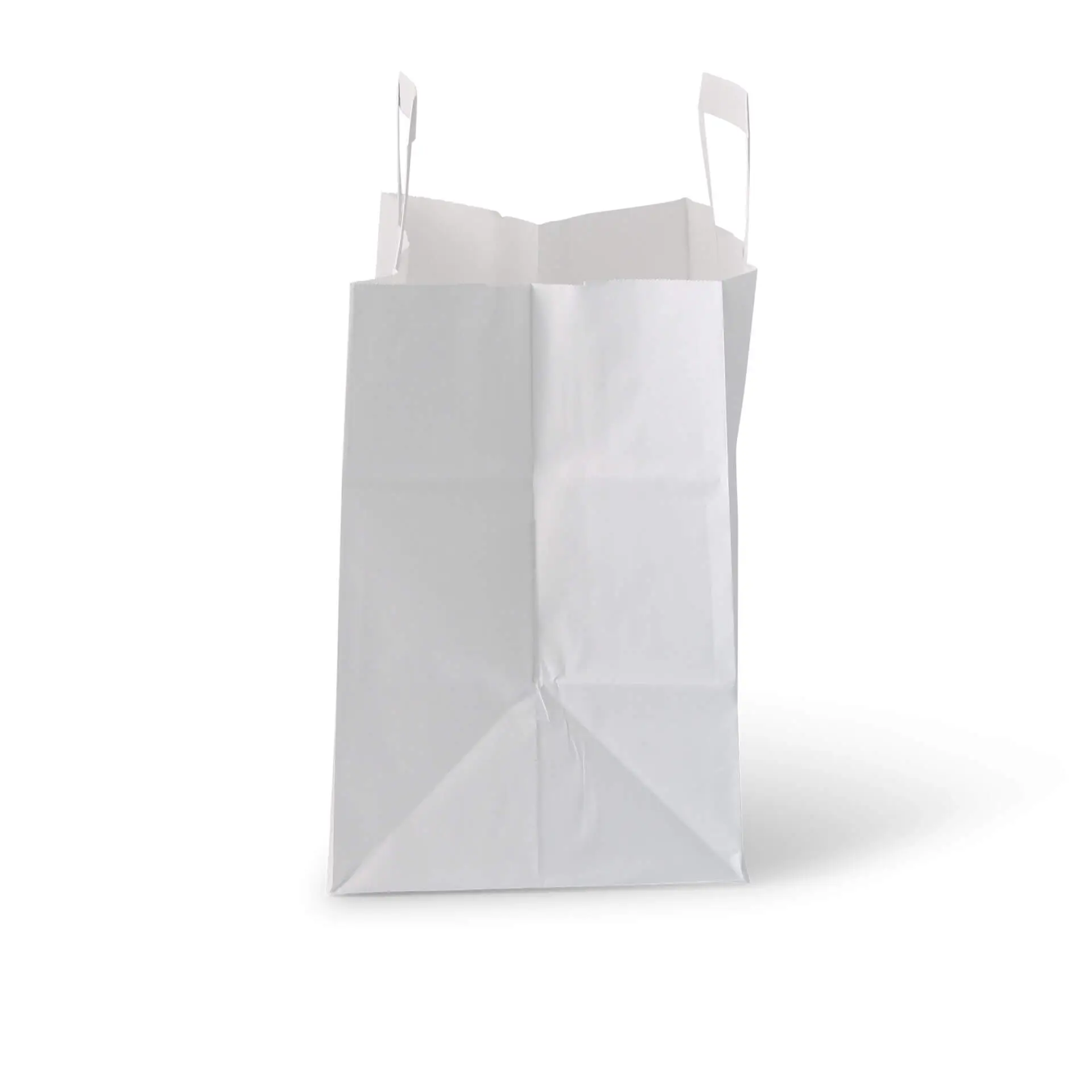 Borsa portaoggetti in carta kraft bianca, taglia L (26 x 17 x 25 cm), progettata per generi alimentari leggeri e snack da asporto.