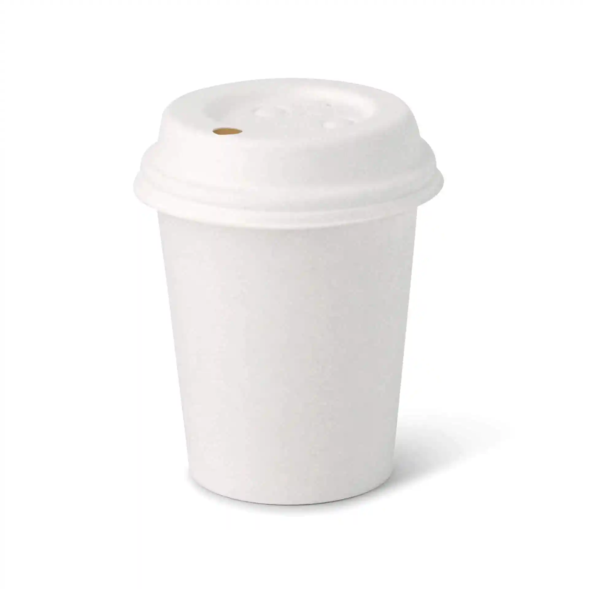 Bicchiere di carta bianco da 8 oz con forma rotonda e superficie rivestita, dotato di un coperchio con un'apertura piccola.