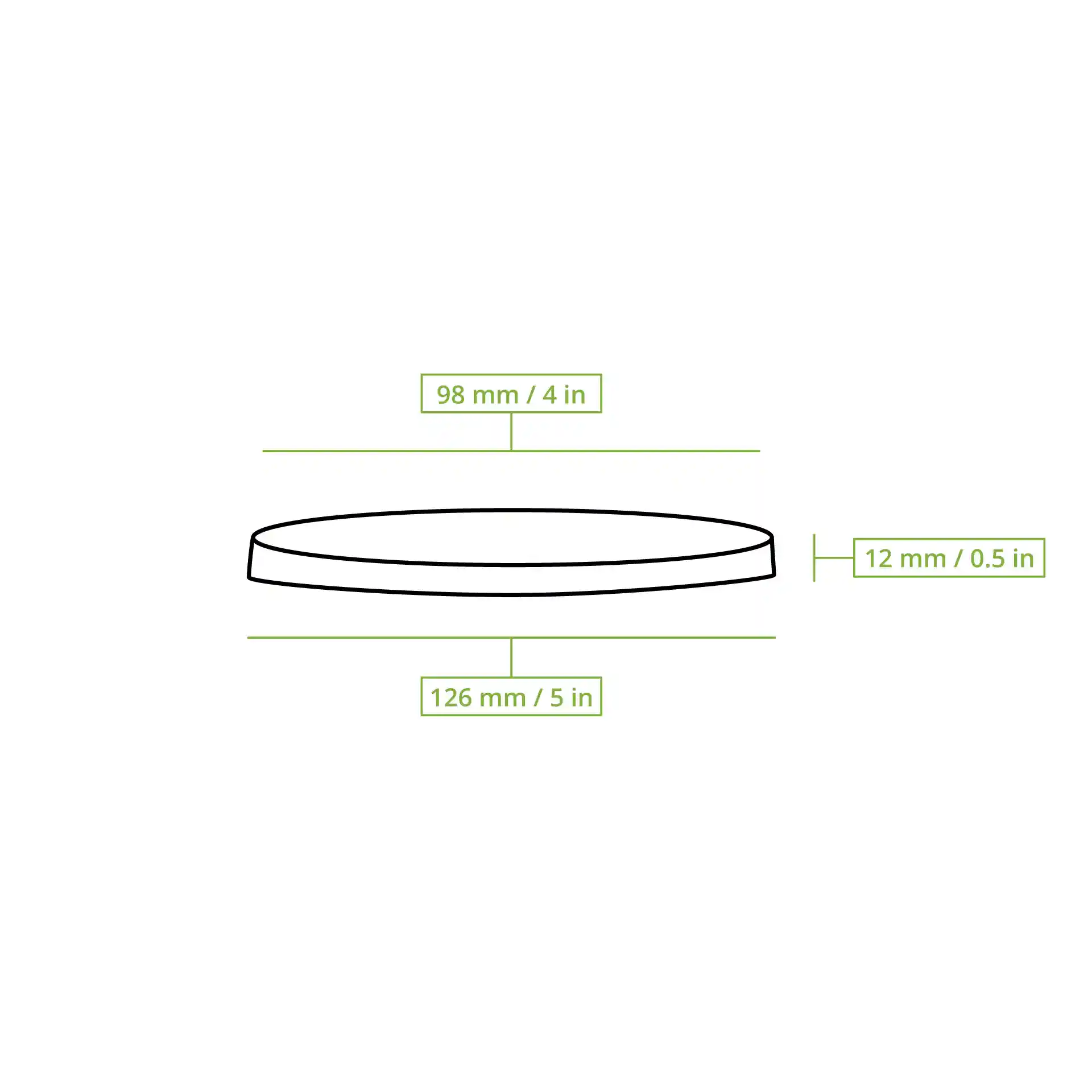 Disegno schematico di un coperchio rotondo in rPET con dimensioni: diametro superiore 98 mm, diametro inferiore 126 mm, altezza 12 mm.