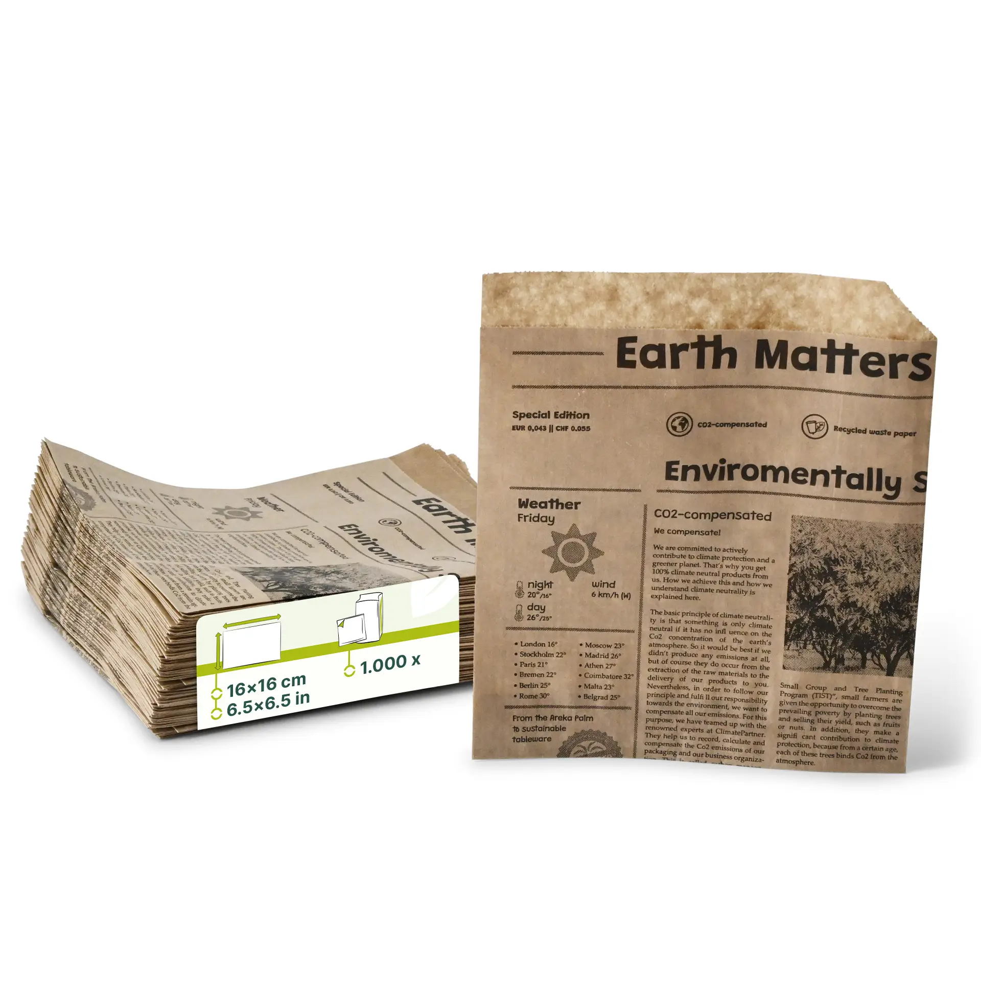 Burgertaschen aus Papier 16 x 16 cm, Zeitungsoptik, braun