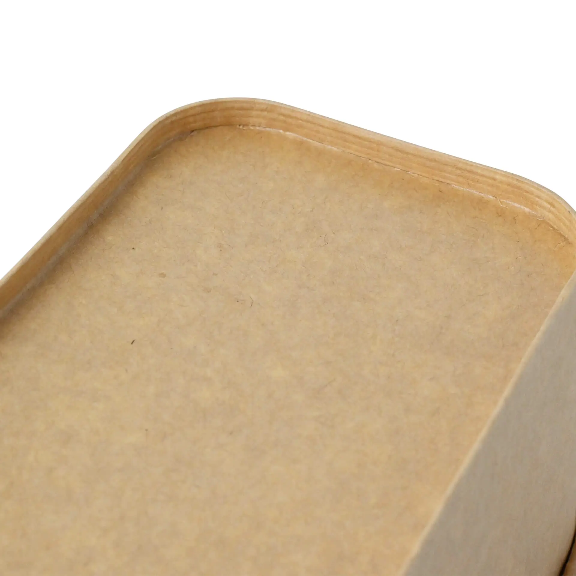 Contenitore in kraft con bordi lisci e rivestimento PLA biodegradabile, adatto per piatti caldi e freddi.