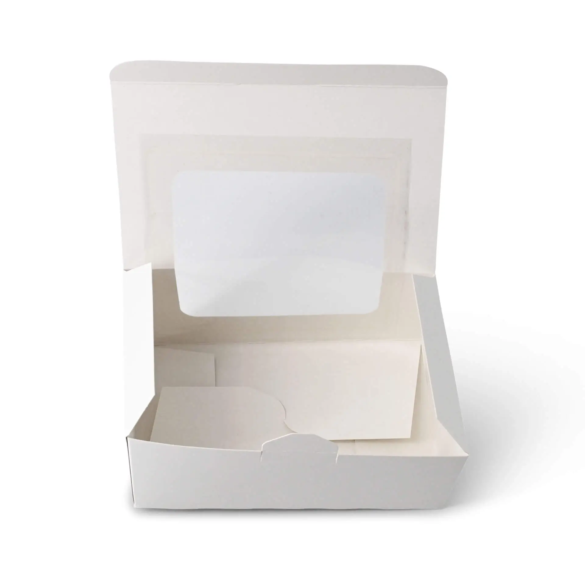 Scatola per cupcake bianca in 2 pezzi con finestra in cellulosa, adatta per contenere dolci come cupcake o muffin.
