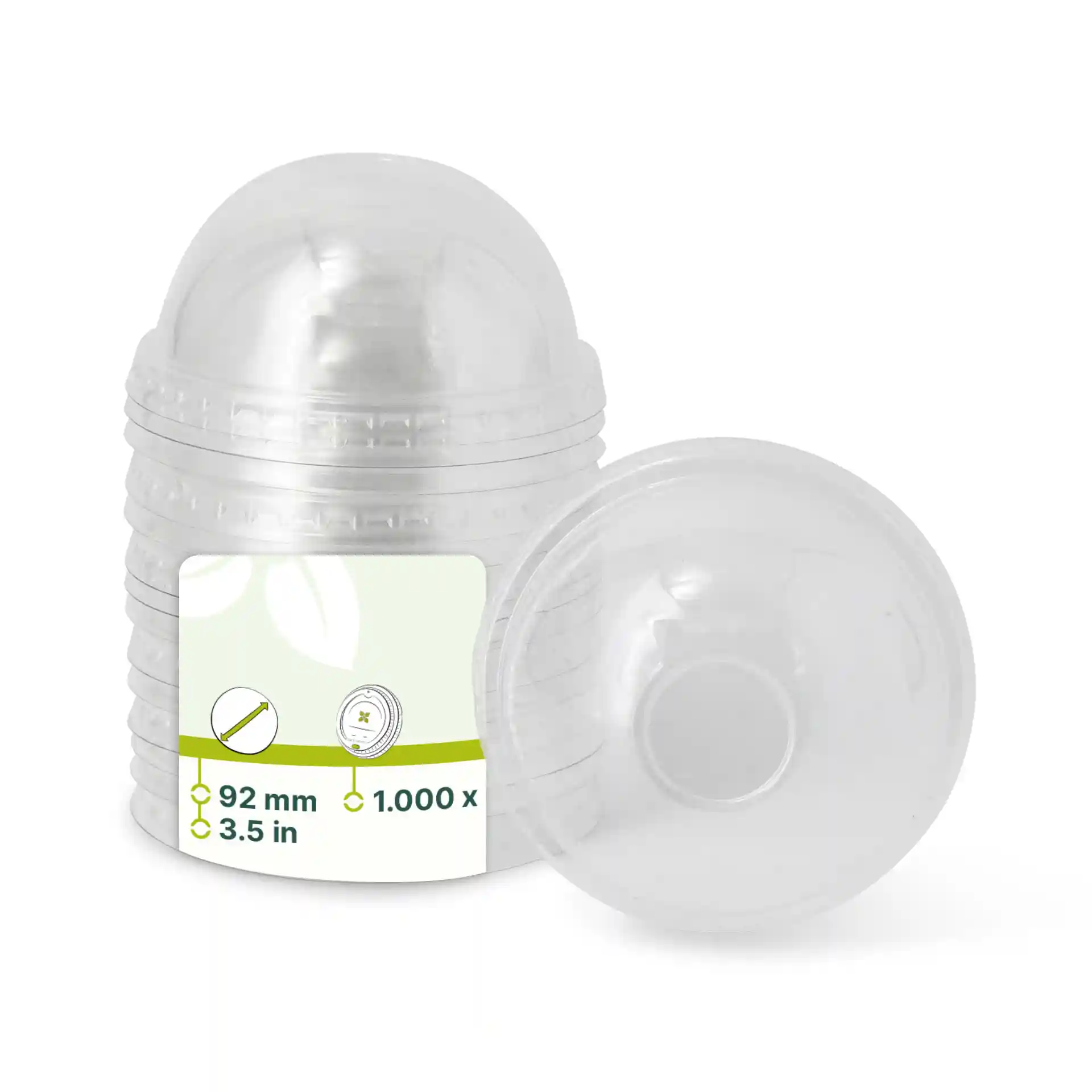 Coperchi dome in rPET trasparenti con un diametro di 92 mm, impilati con un coperchio accanto alla pila.
