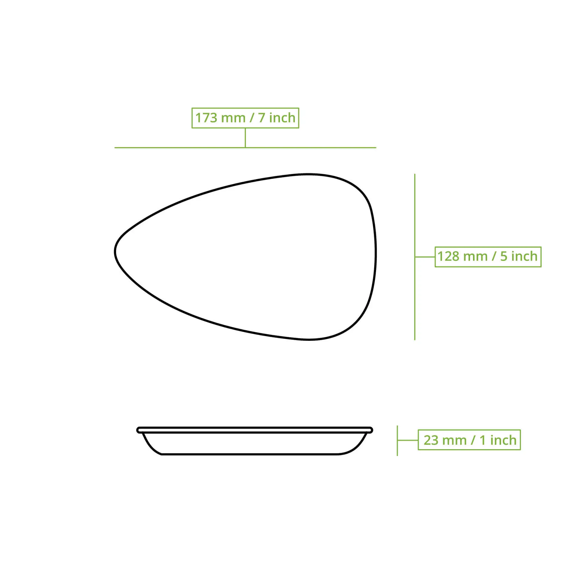 Un piatto a forma di goccia in foglia di palma, misura 173 mm x 128 mm, con una profondità di 23 mm e una texture naturale.
