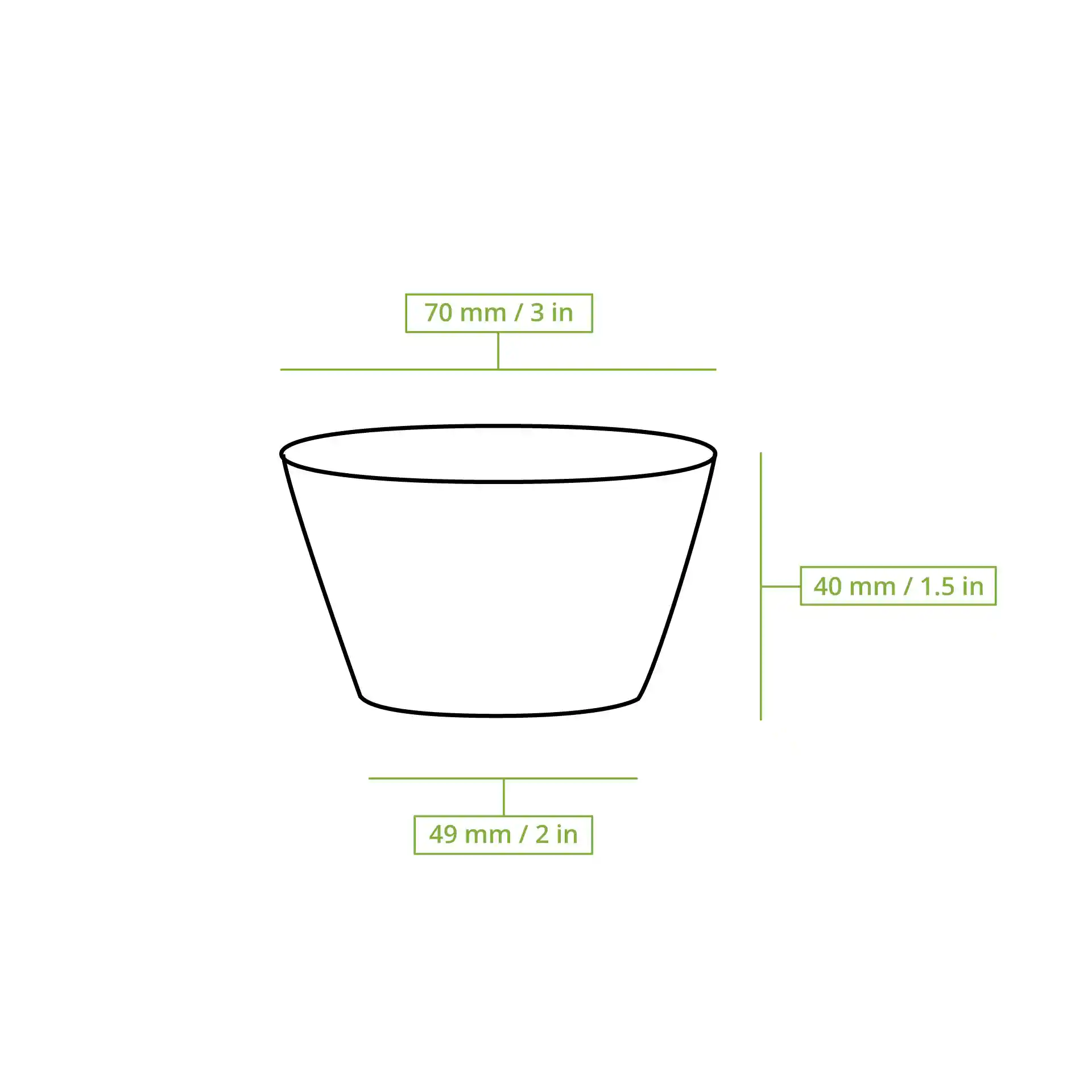 Disegno schematico di un bicchiere trasparente con dimensioni: diametro 70 mm, altezza 40 mm e diametro base 49 mm.