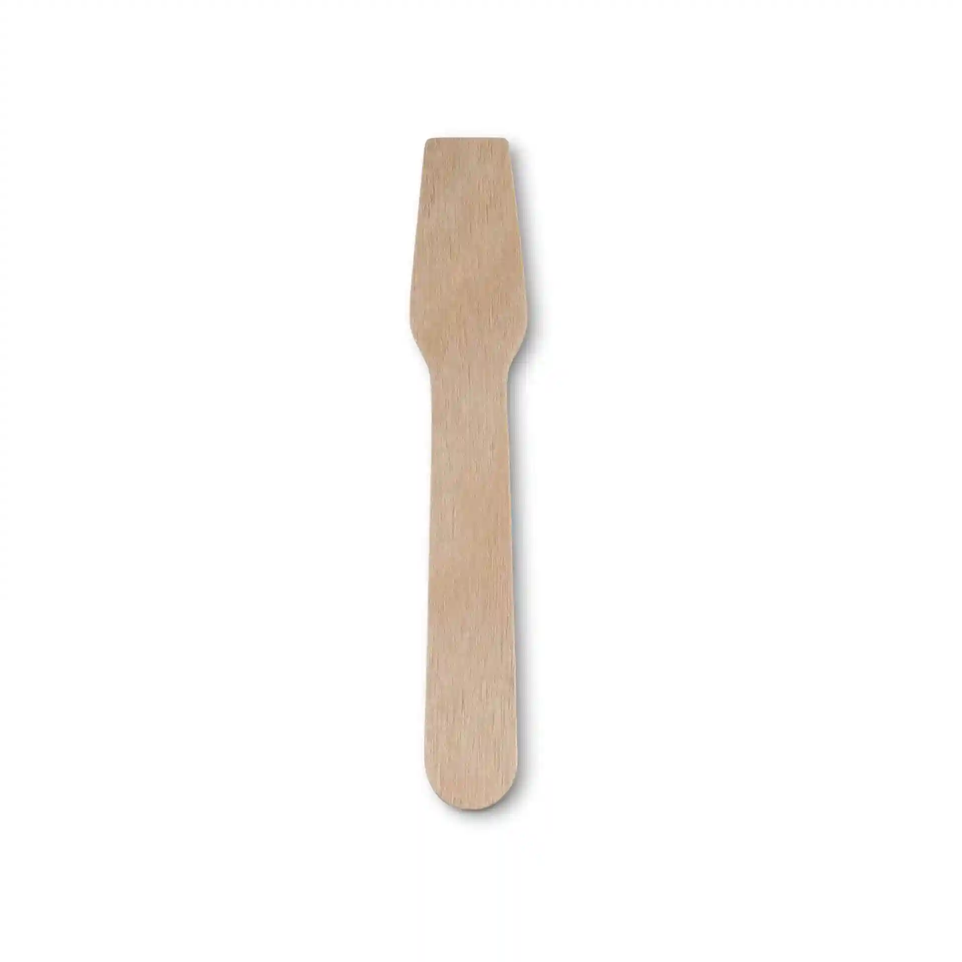 Cucchiaio in legno per gelato, lungo 9,6 cm, colore marrone, in legno, con un'estremità piatta e manico arrotondato.