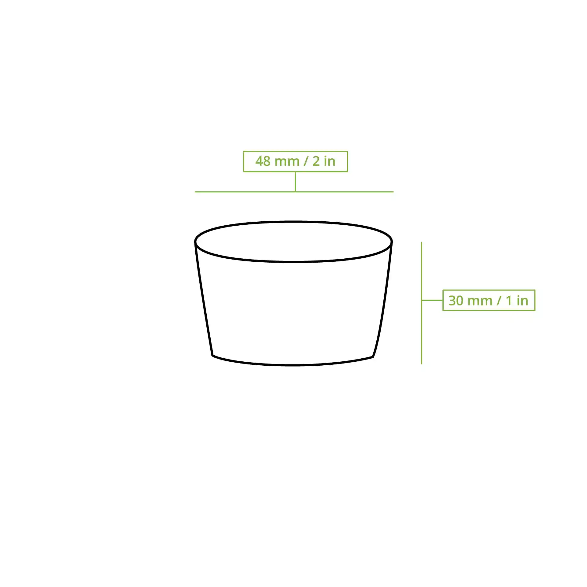 Disegno schematico di un bicchiere con dimensioni etichettate: 48 mm di diametro e 30 mm di altezza.