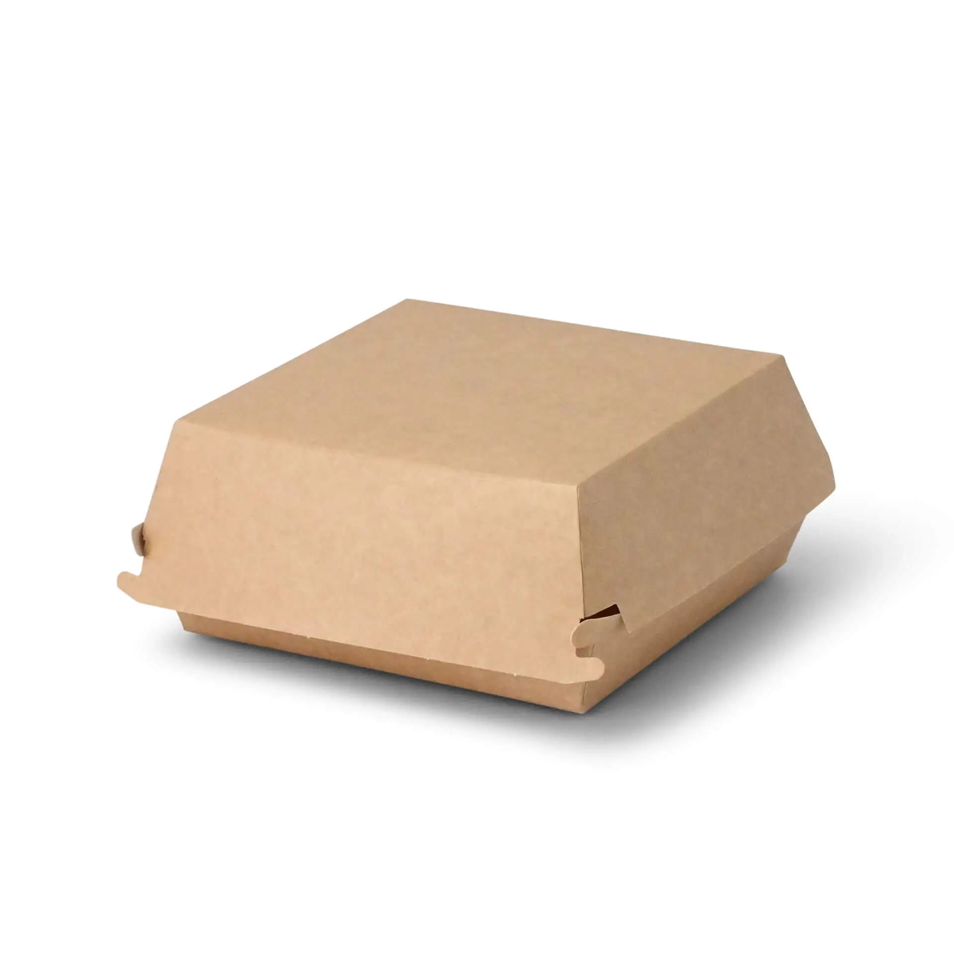 Scatola per burger da asporto in fibra fresca, 14,5 x 14,5 x 8 cm, con design resistente al grasso e riciclabile.