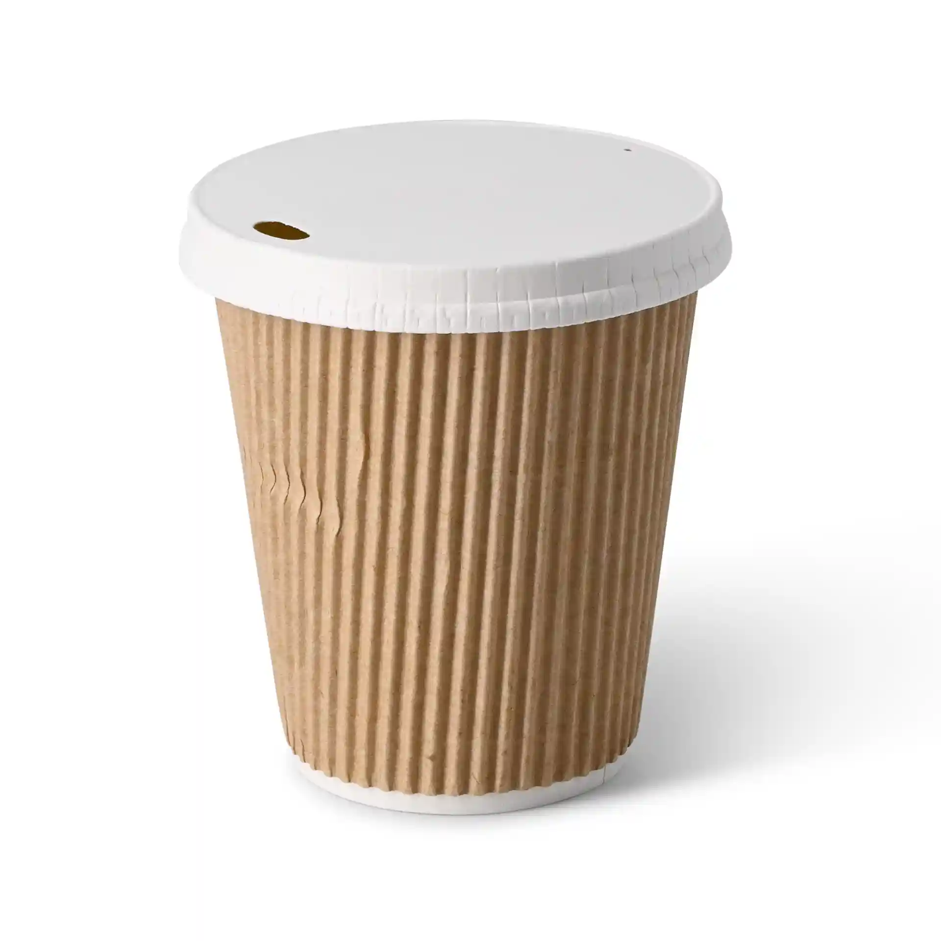 Tazza di cartone ondulato marrone con coperchio bianco, capacità di 10 oz, forma rotonda e materiale in cartone rivestito.