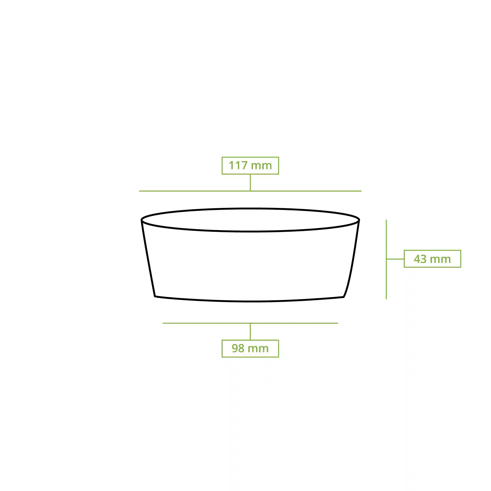 Disegno schematico di un contenitore rotondo con dimensioni: 117 mm di diametro, 43 mm di altezza e 98 mm di diametro alla base.