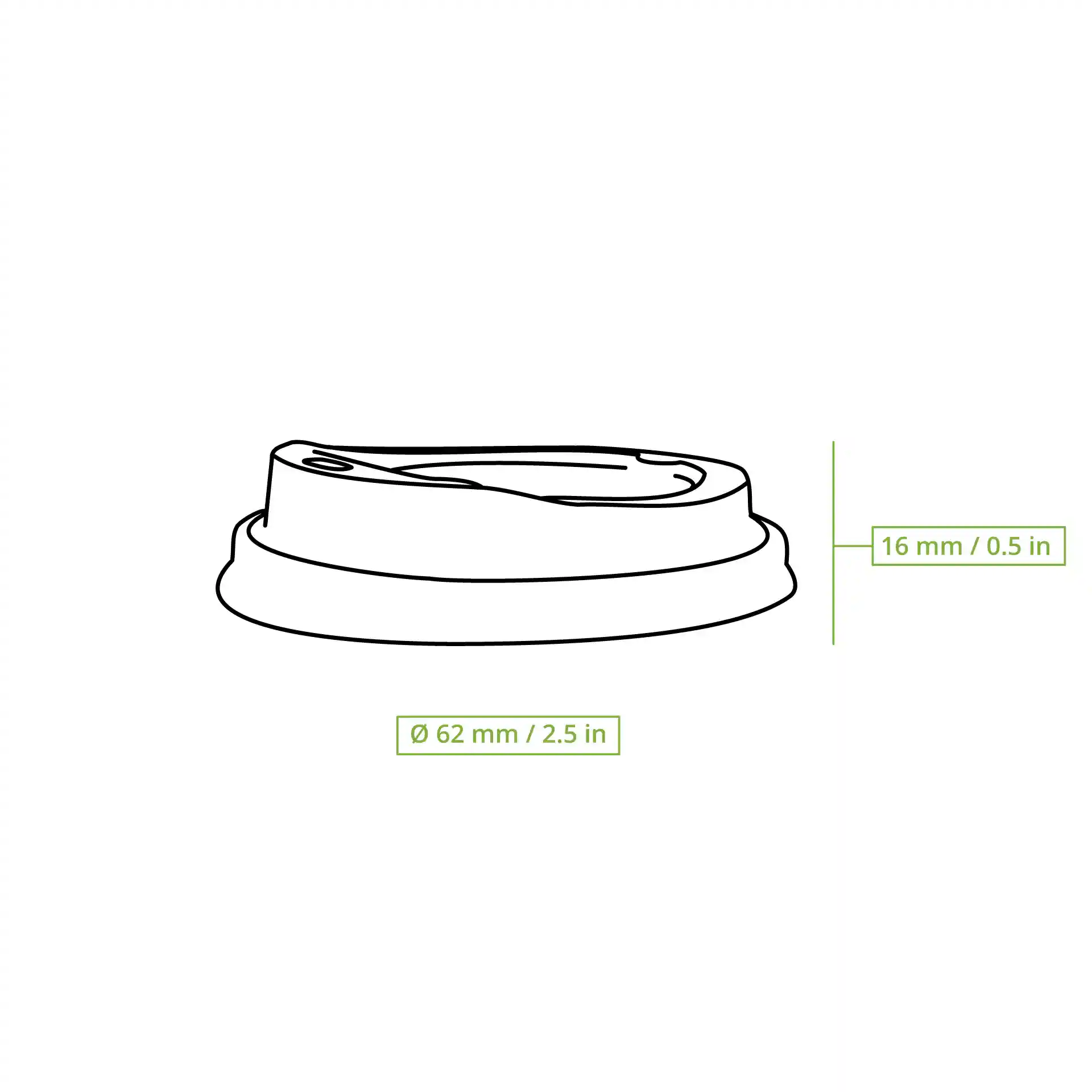 Disegno schematico di un coperchio in PS bianco con foro per bere, dimensioni 62 mm di diametro e 16 mm di altezza.