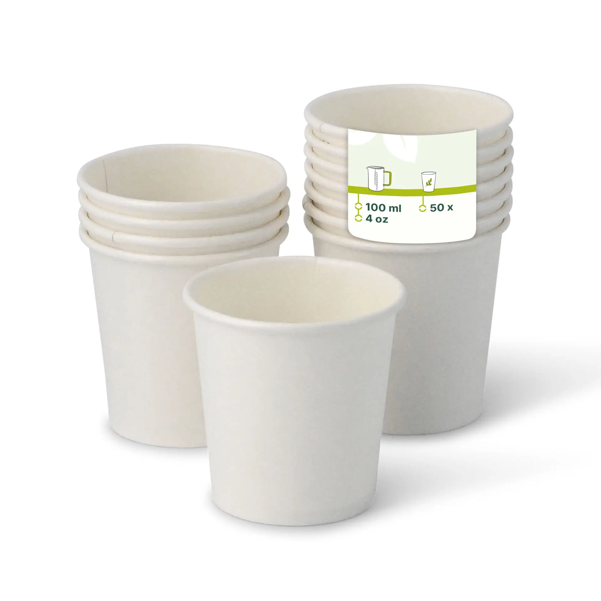 Pila di bicchieri di carta bianchi da 4 oz con un'etichetta che mostra una capacità di 100 ml e 50 pezzi, un bicchiere davanti.