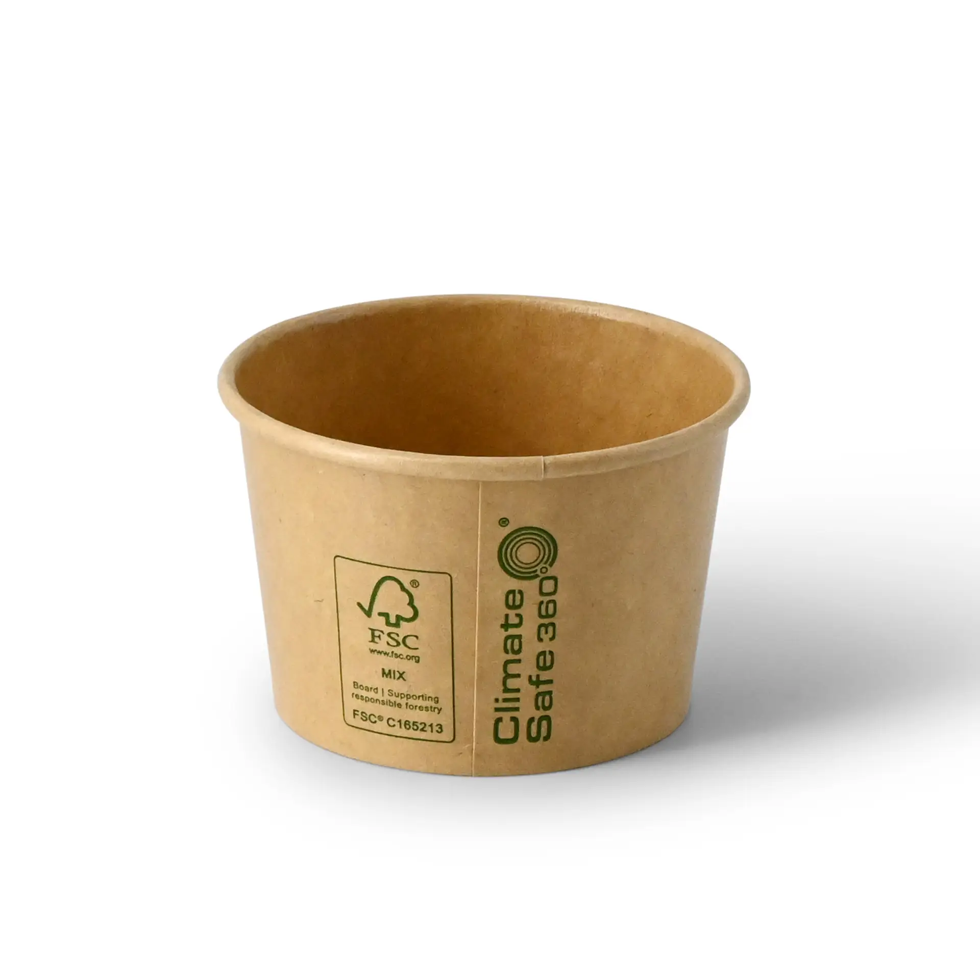 Un bicchiere di carta marrone a forma conica; presenta un logo FSC e un logo Climate Safe 360 vicino alla base.