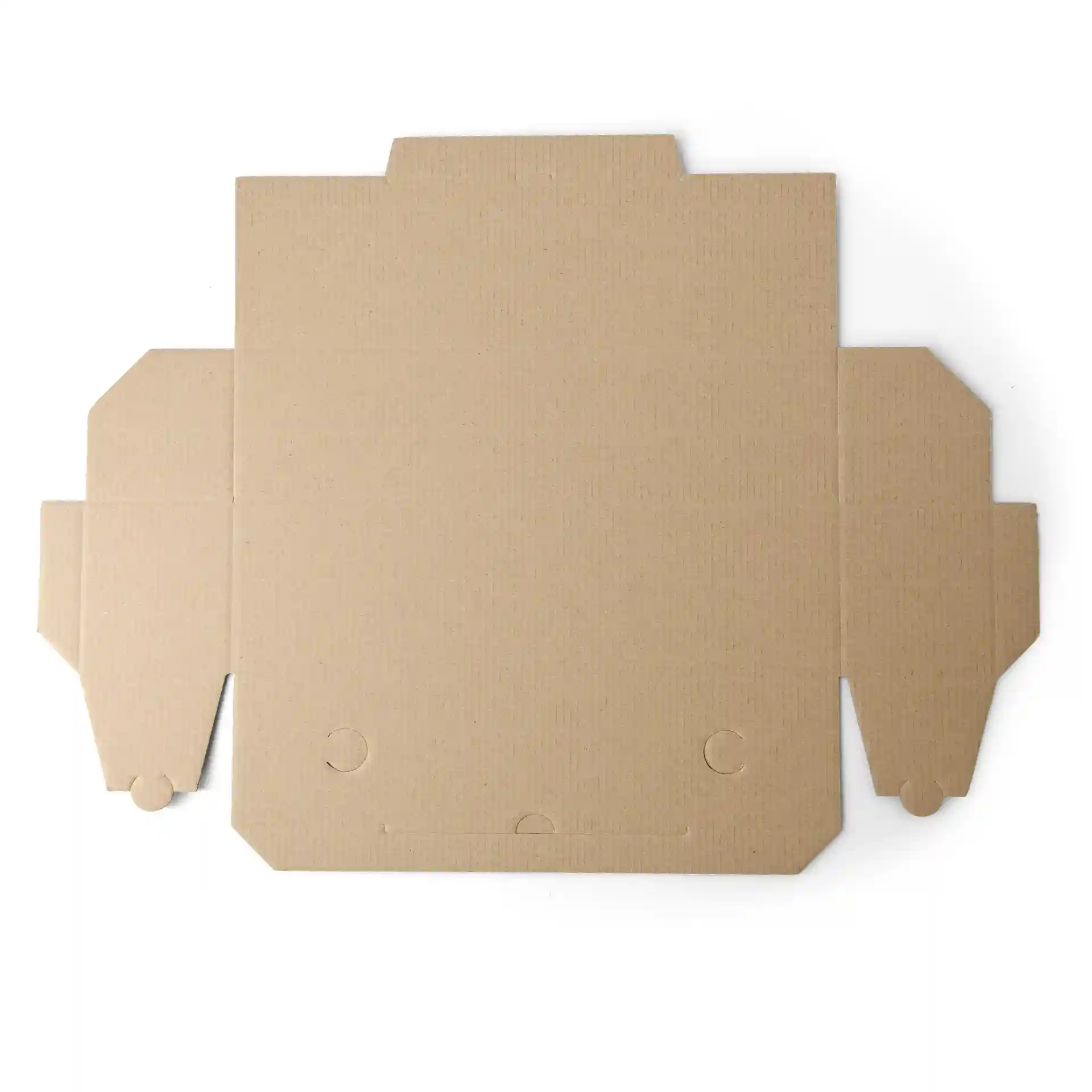 Scatola per pizza marrone con design piatto, misura 7 x 8 x 28 cm, vista dall'alto.