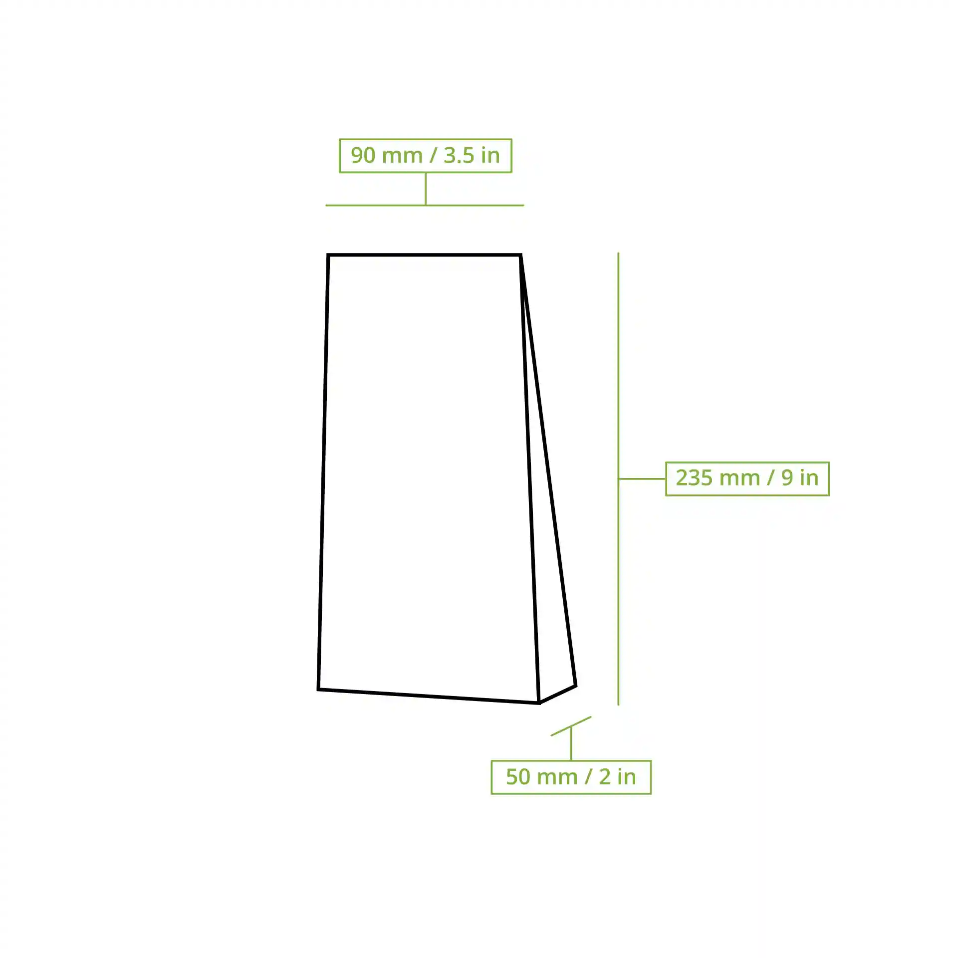 Disegno schematico di una borsa a fondo quadro con dimensioni etichettate: 90 mm di larghezza, 50 mm di profondità e 235 mm di altezza.