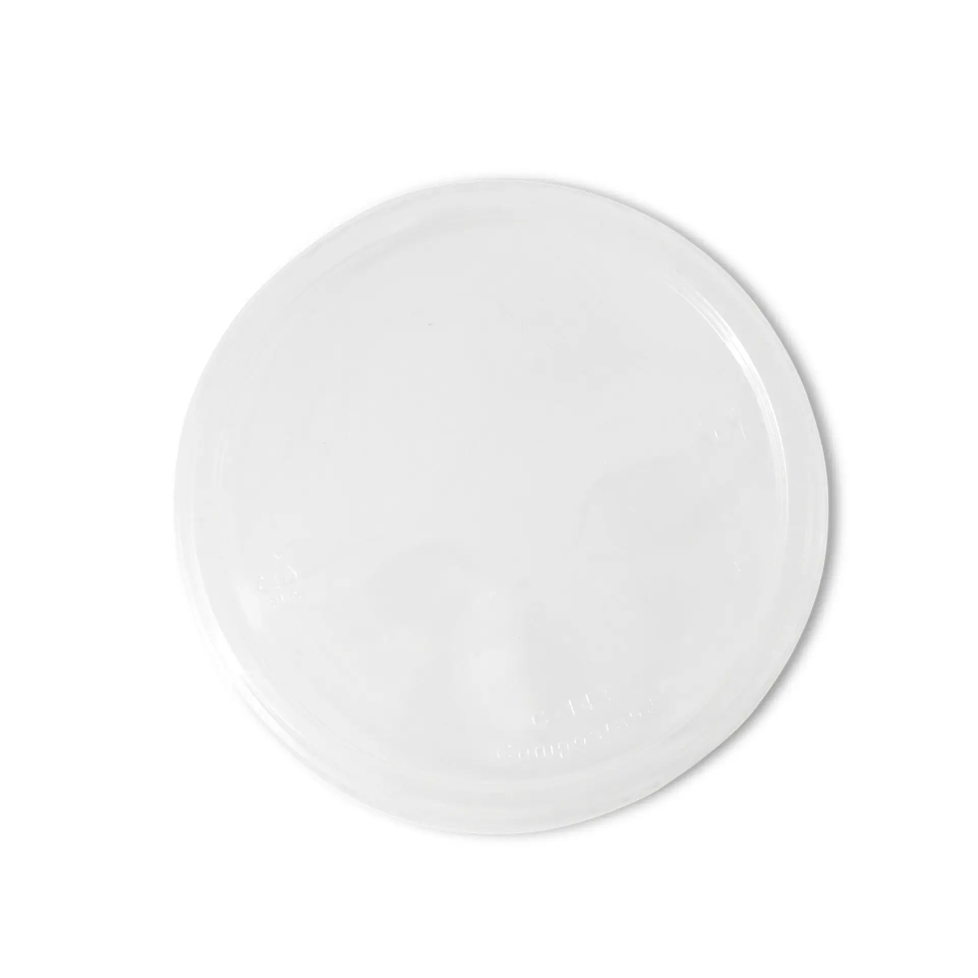 Coperchio rotondo in plastica trasparente del prodotto DFC011011, visto dall'alto, con superficie liscia e senza marchi.