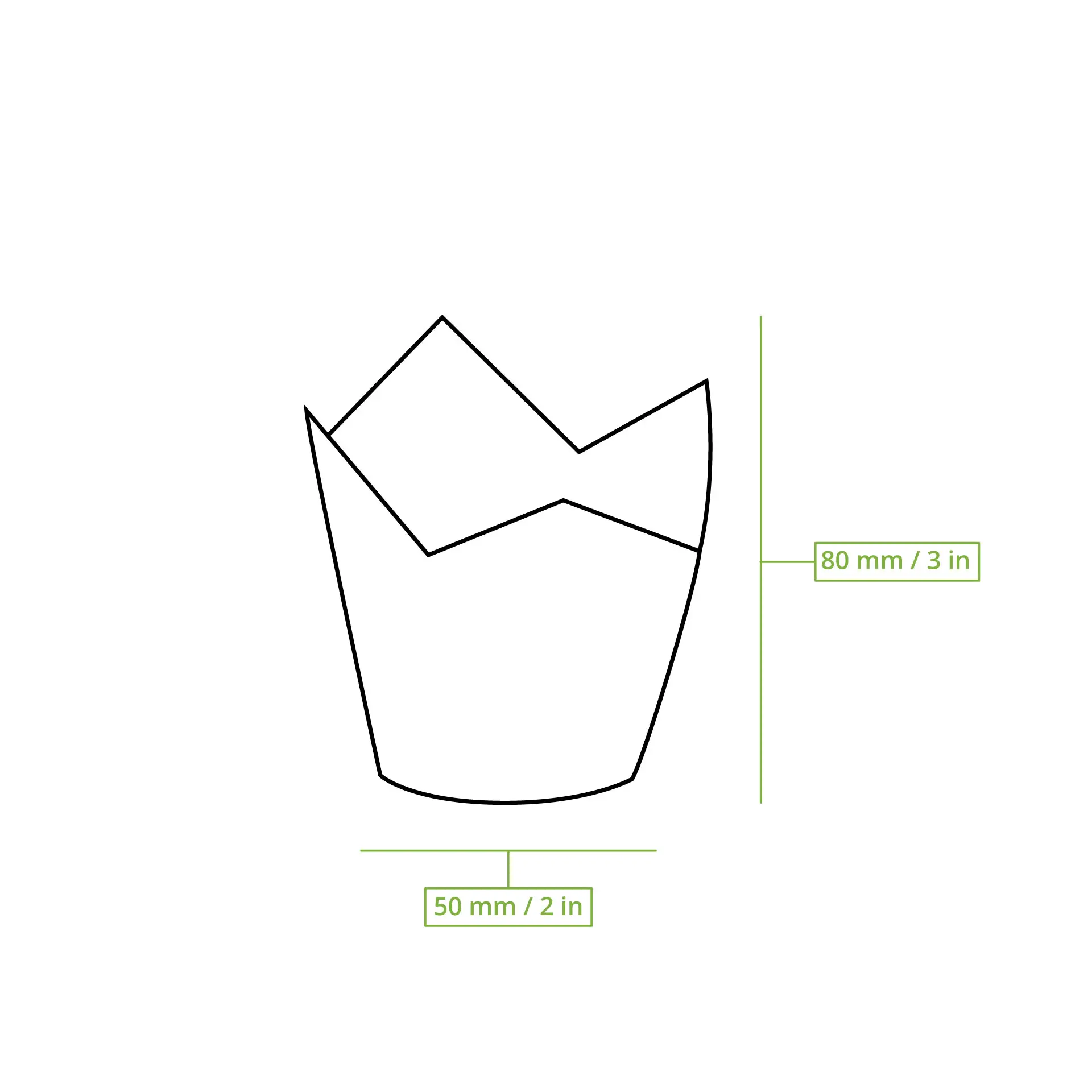 Illustrazione di cup per muffin in carta con dimensioni; 80 mm di altezza e 50 mm di diametro; presenta un design bianco anti-grasso.