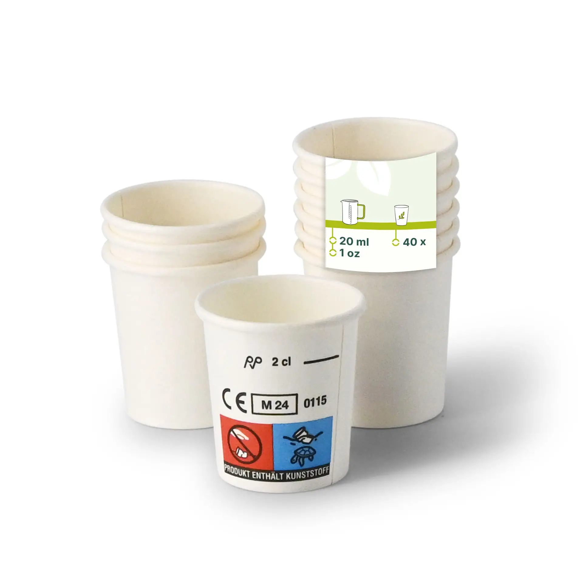 Un bicchiere di carta bianco con marchio di calibrazione a fuoco; più bicchieri simili mostrati dietro. Adatto per liquidi e porzioni di degustazione.