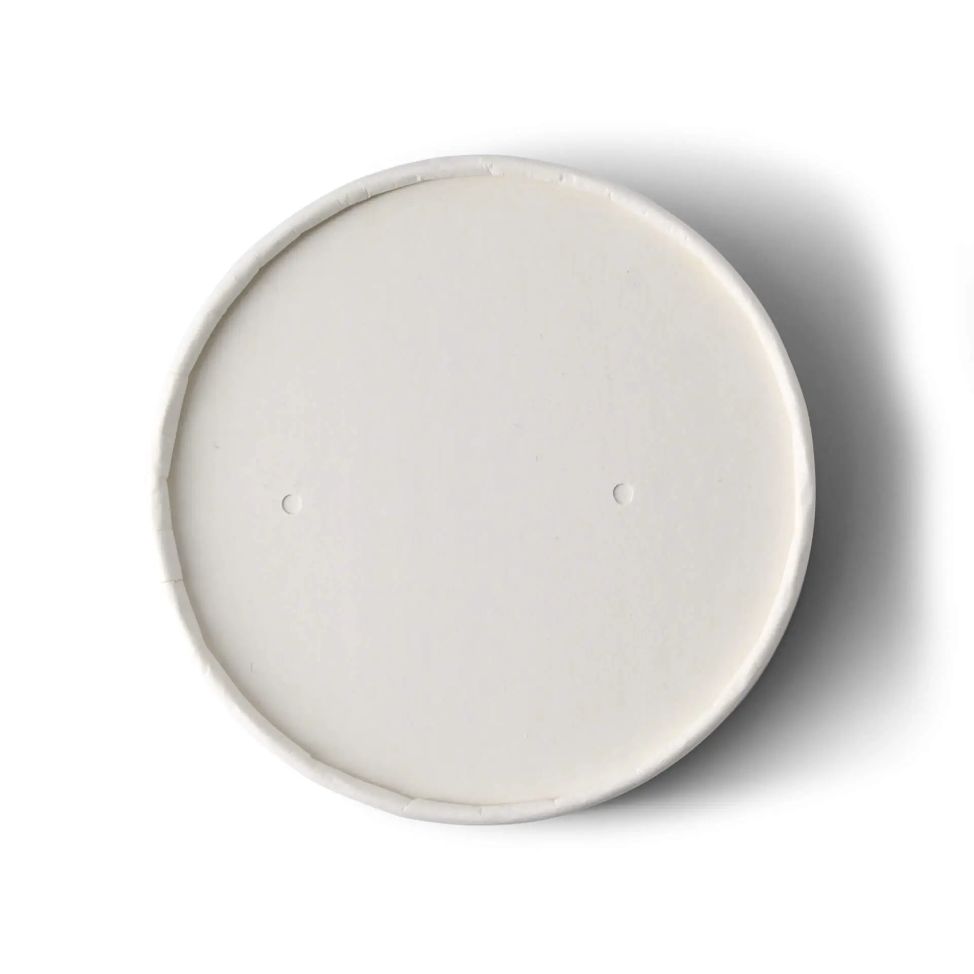 Coperchio in cartone bianco con un diametro di 100 mm e due piccoli fori sulla superficie.