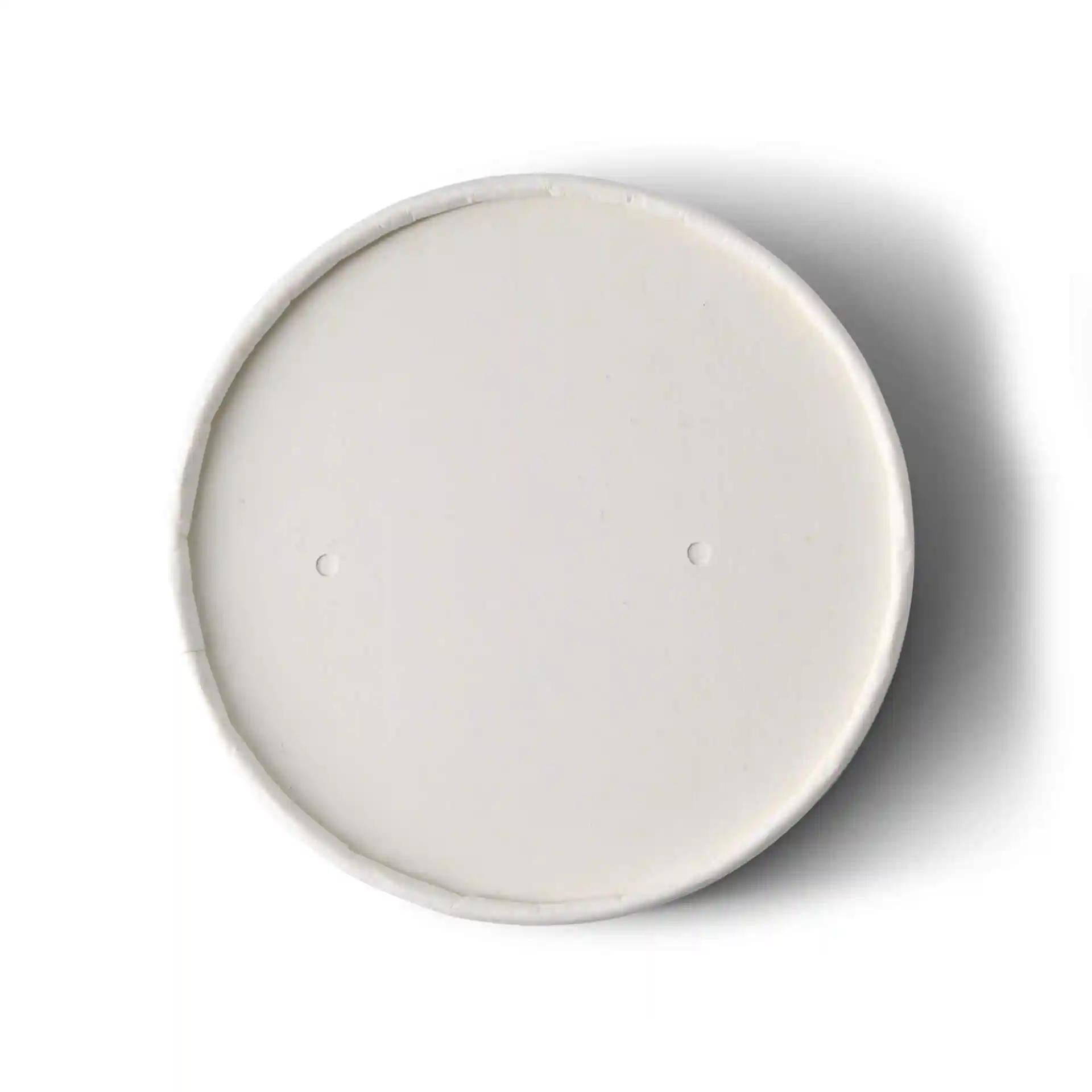 Coperchio in cartone bianco con un diametro di 100 mm e due piccoli fori sulla superficie.