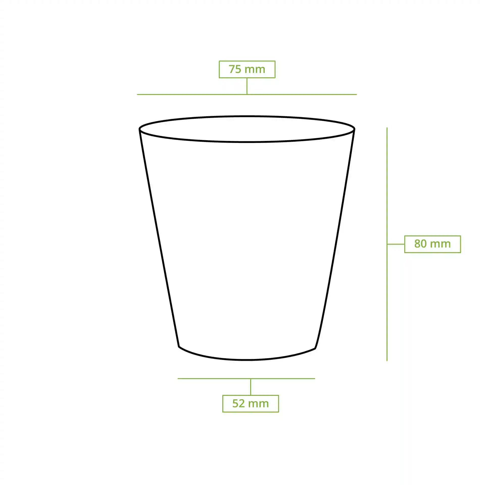 Disegno schematico di un bicchiere di carta rotondo con dimensioni: altezza 80 mm, diametro superiore 80 mm, diametro inferiore 53 mm.