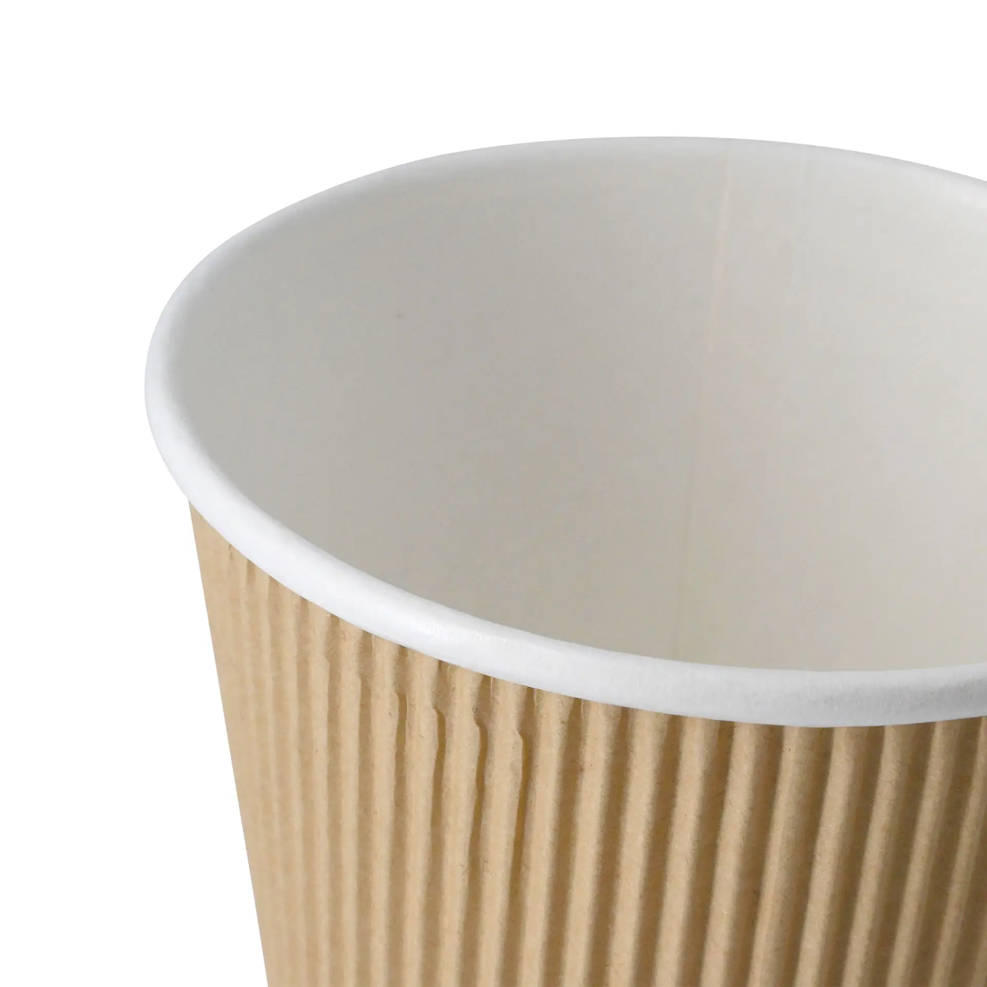 Bicchiere di cartone marrone rigato con interno bianco, progettato per cibi caldi e freddi, con manica isolante a strisce.