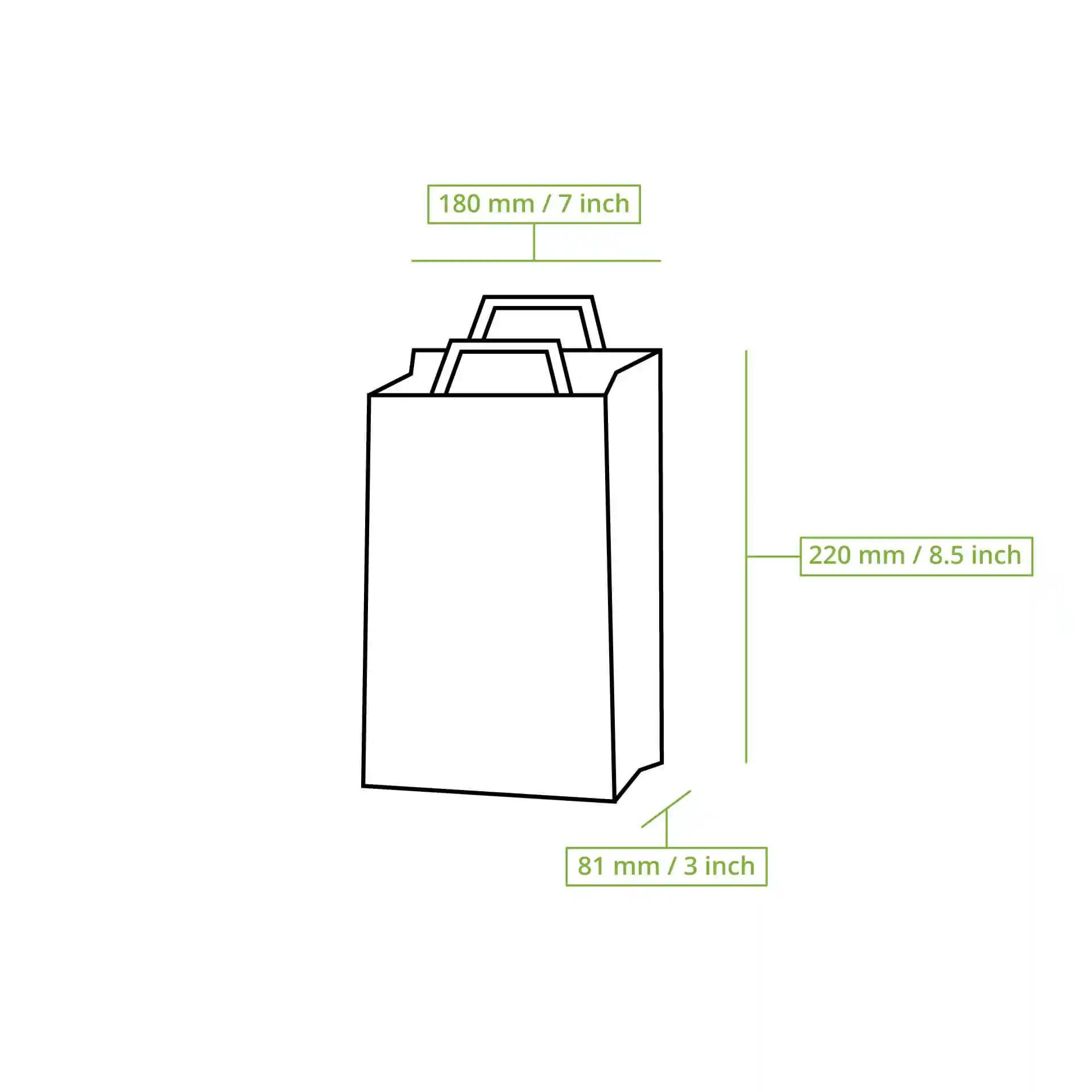 Disegno schematico di una borsa in carta kraft bianca con dimensioni etichettate: 180 mm di lunghezza, 220 mm di altezza, 81 mm di larghezza.