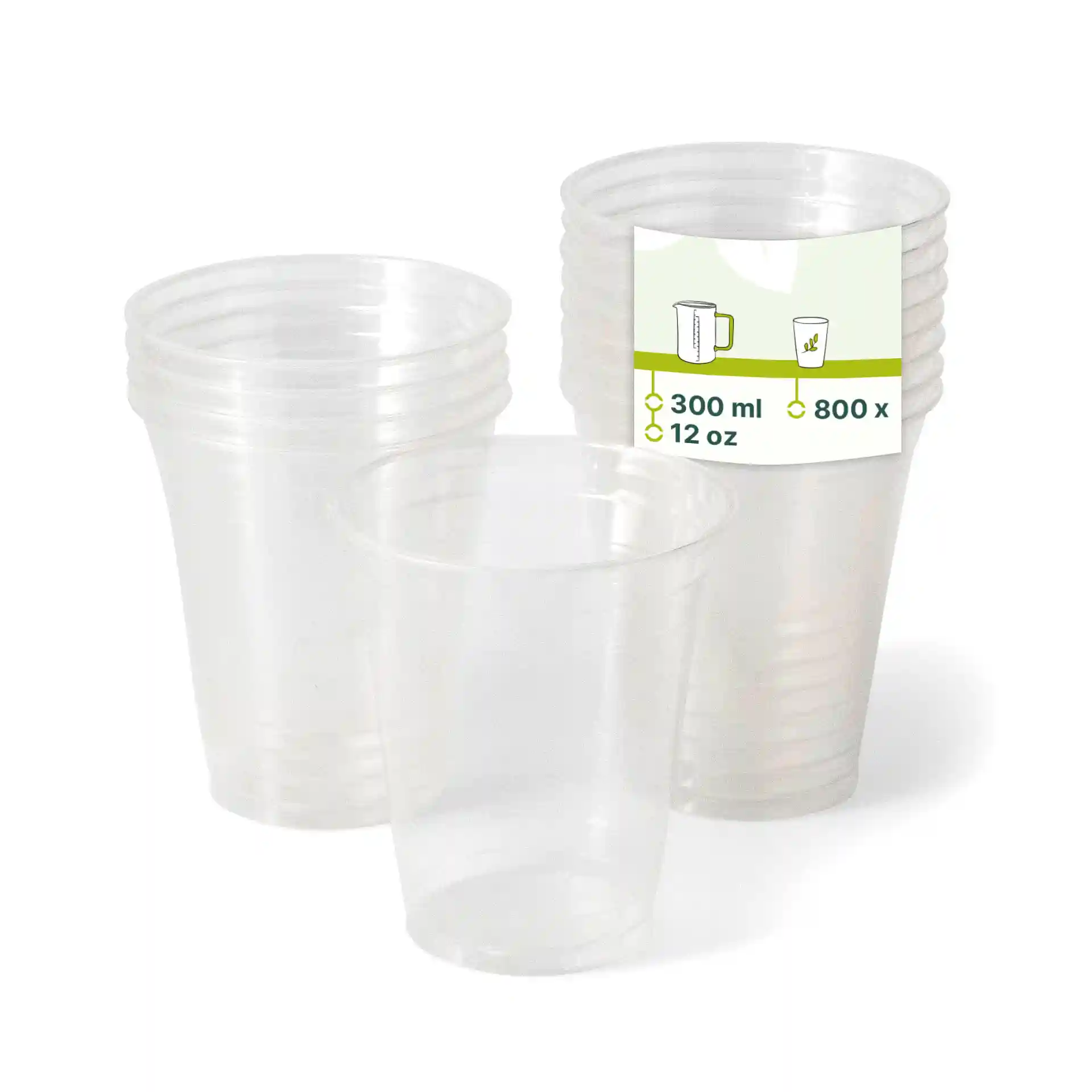 Bicchieri di plastica trasparenti impilati, con un bicchiere davanti che mostra un'etichetta con capacità di 300 ml e 800 pezzi.