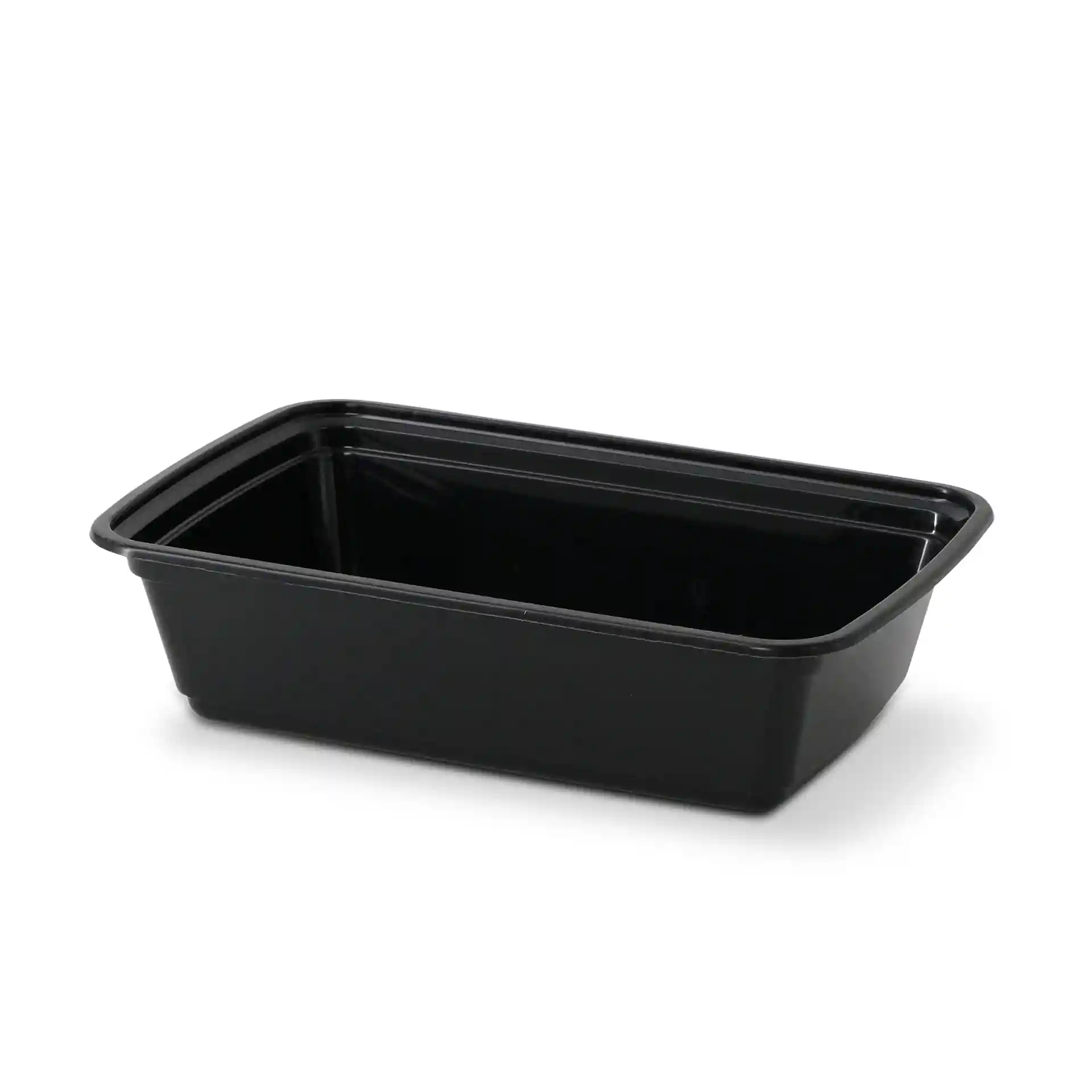 Contenitore rettangolare riutilizzabile nero con un volume di 700 ml, lungo 185 mm, largo 124 mm e alto 44 mm.