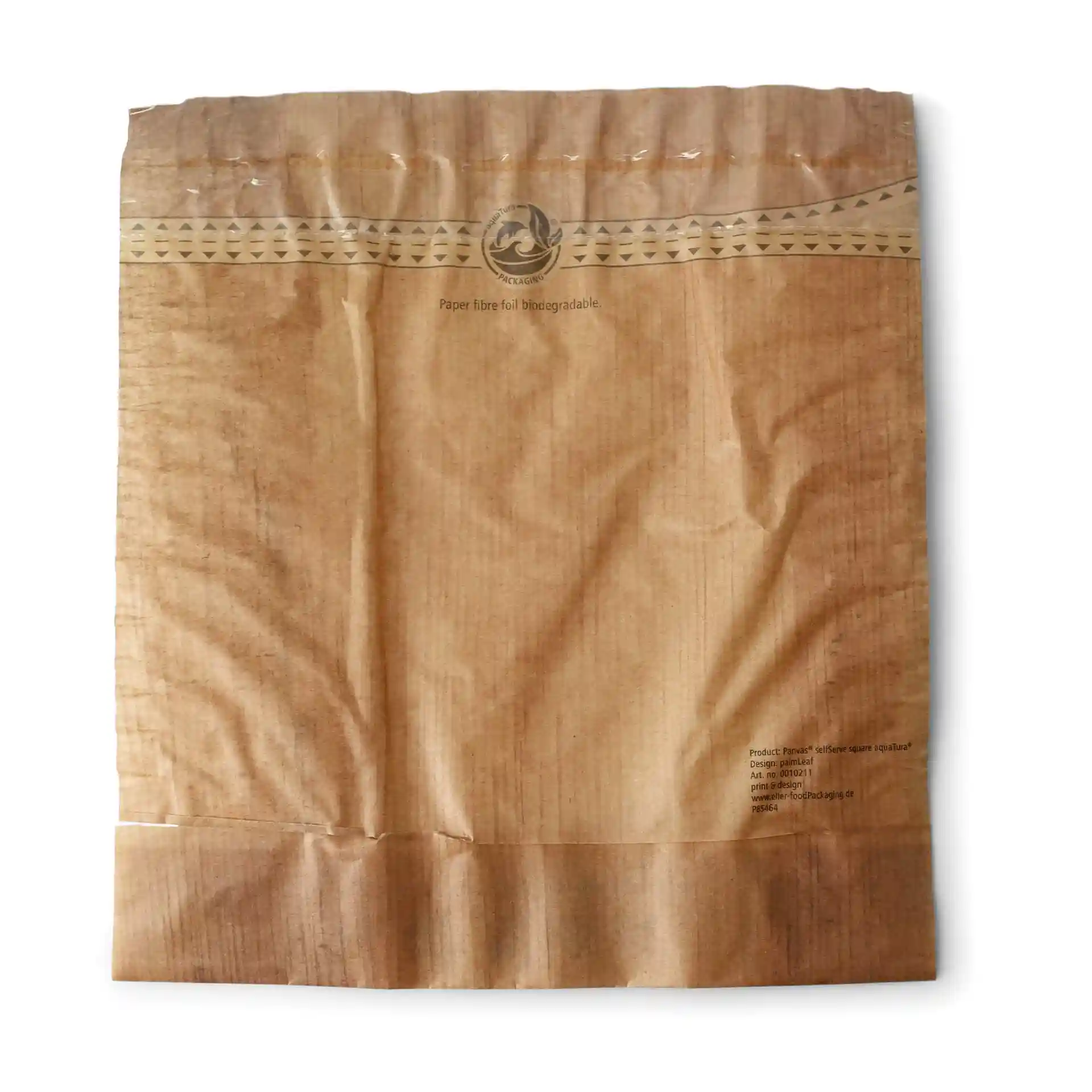 Sacchetto per snack in carta stampata con design a foglia di palma, misura 17,5 x 20 cm.