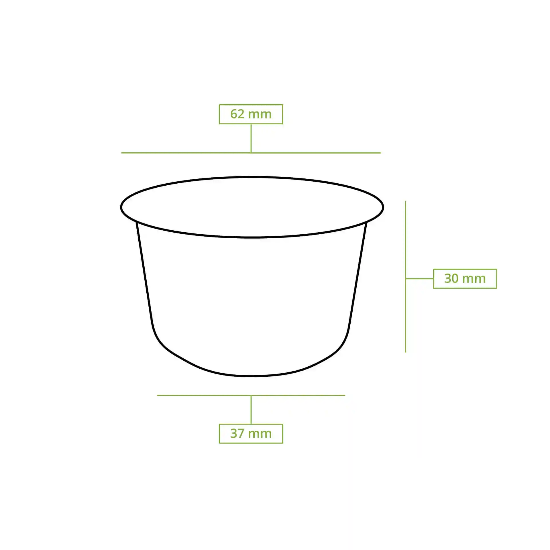 Disegno schematico di un bicchiere con linee di dimensione che mostrano un'altezza di 30 mm, un diametro di 62 mm e un diametro di base di 37 mm