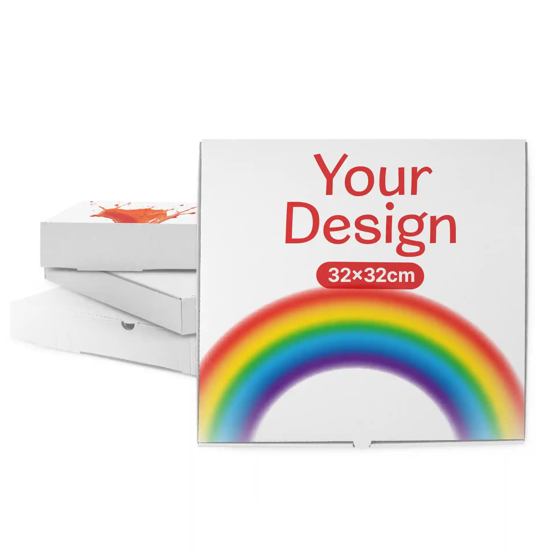 Scatola per pizza bianca con grafica arcobaleno e spazio per design personalizzato, misura 32 x 32 x 4 cm.