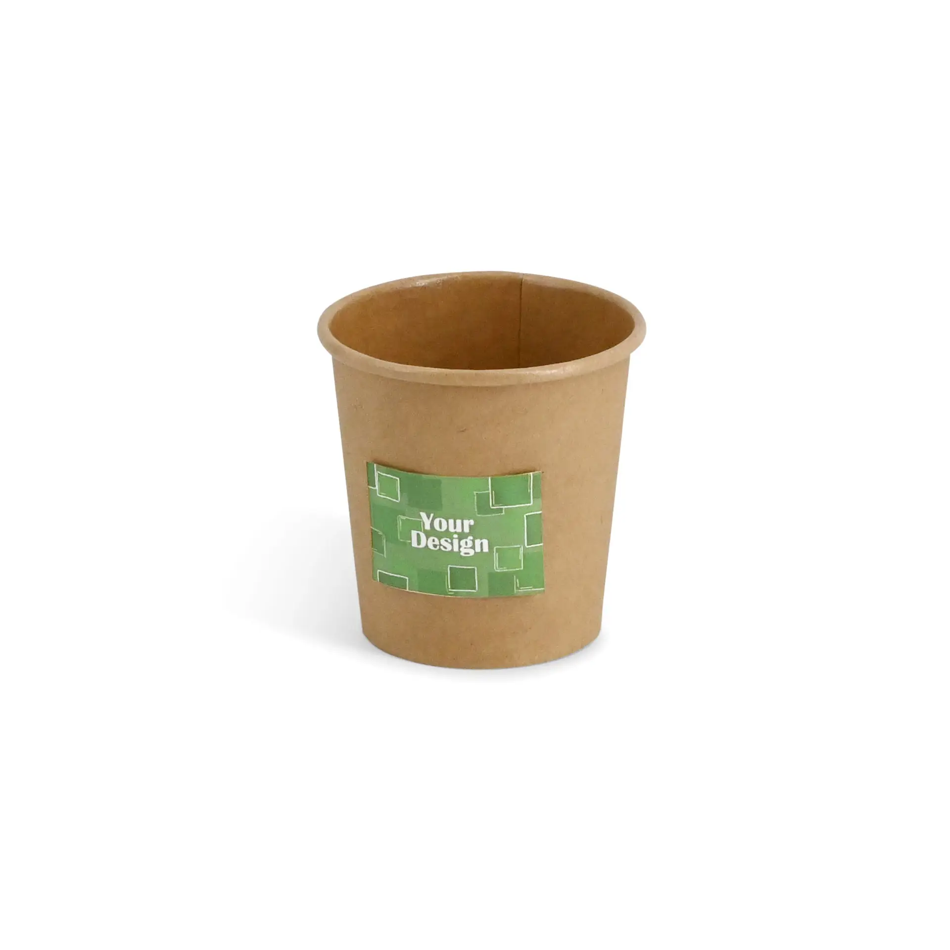 Cup in carta kraft con etichetta verde e design personalizzabile, adatto per bevande e da asporto.