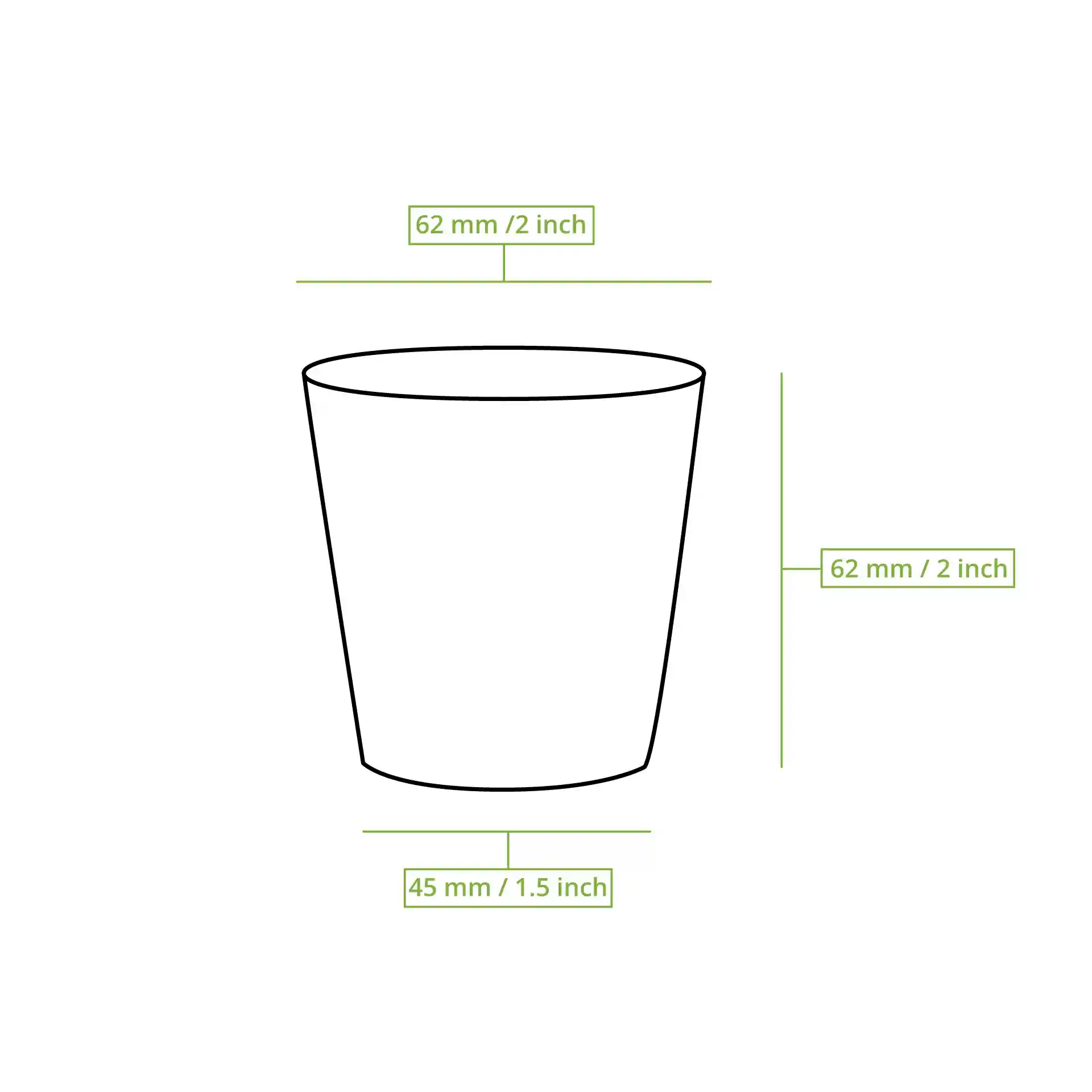 Disegno schematico di un bicchiere di carta nero con dimensioni: diametro 62 mm e altezza 62 mm, diametro base 45 mm.