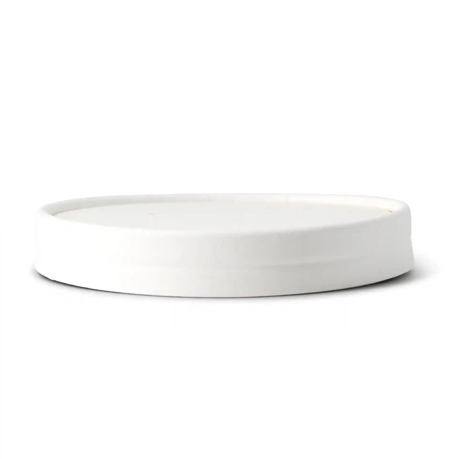 Coperchio rotondo in cartone bianco con un diametro di 116 mm e un'altezza di 17 mm.