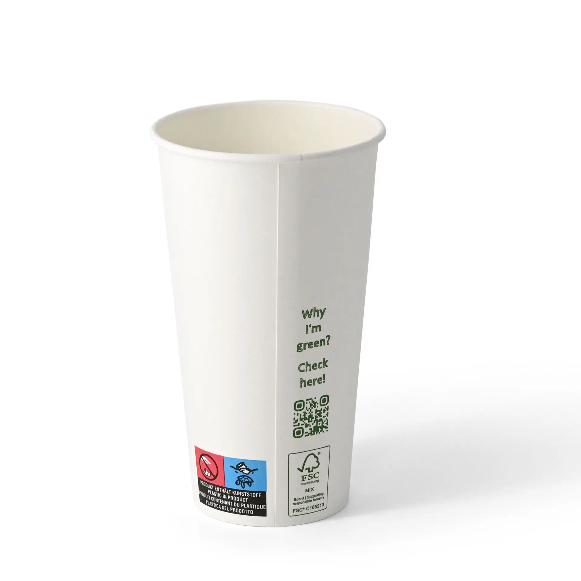 Bicchiere di carta bianco a parete singola con rivestimento in PLA, con codice QR e marchi di sostenibilità. Adatto per bevande calde e fredde.