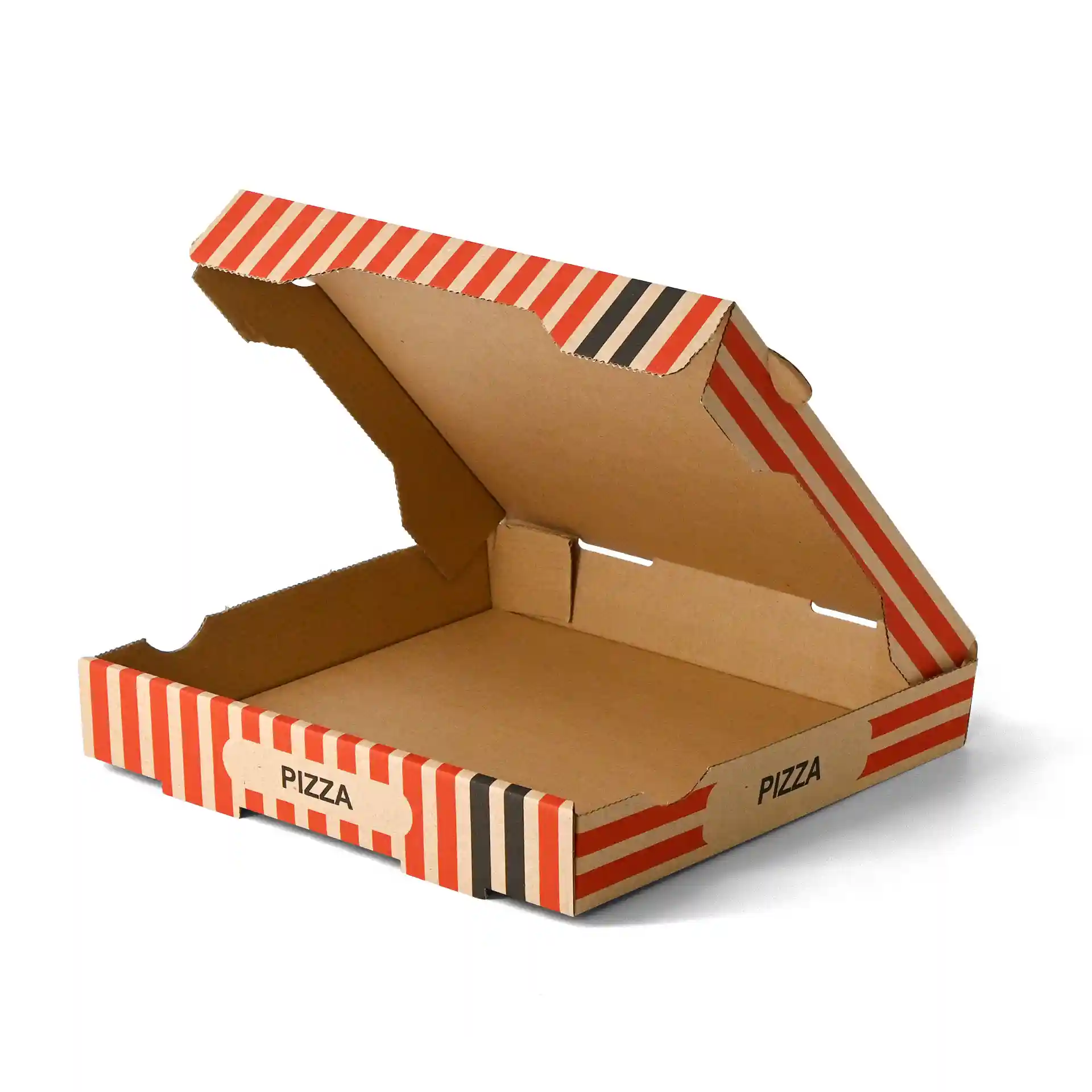 Scatola per pizza in cartone con base marrone e design a strisce rosse, misura 28 x 28 x 4 cm, parzialmente aperta.