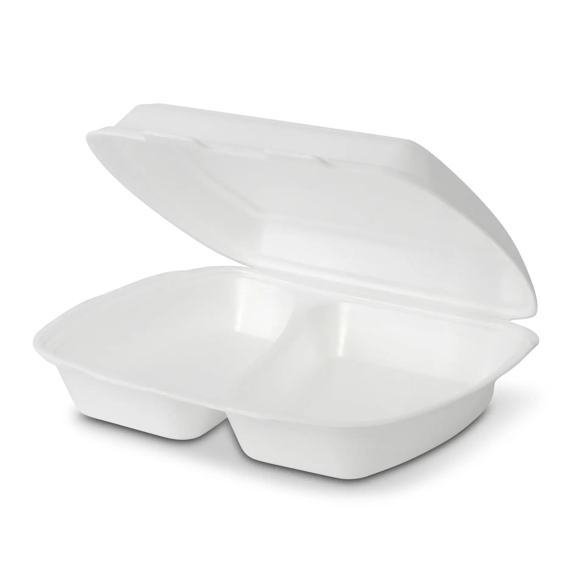 Contenitore da asporto bianco diviso in due sezioni con coperchio aperto.