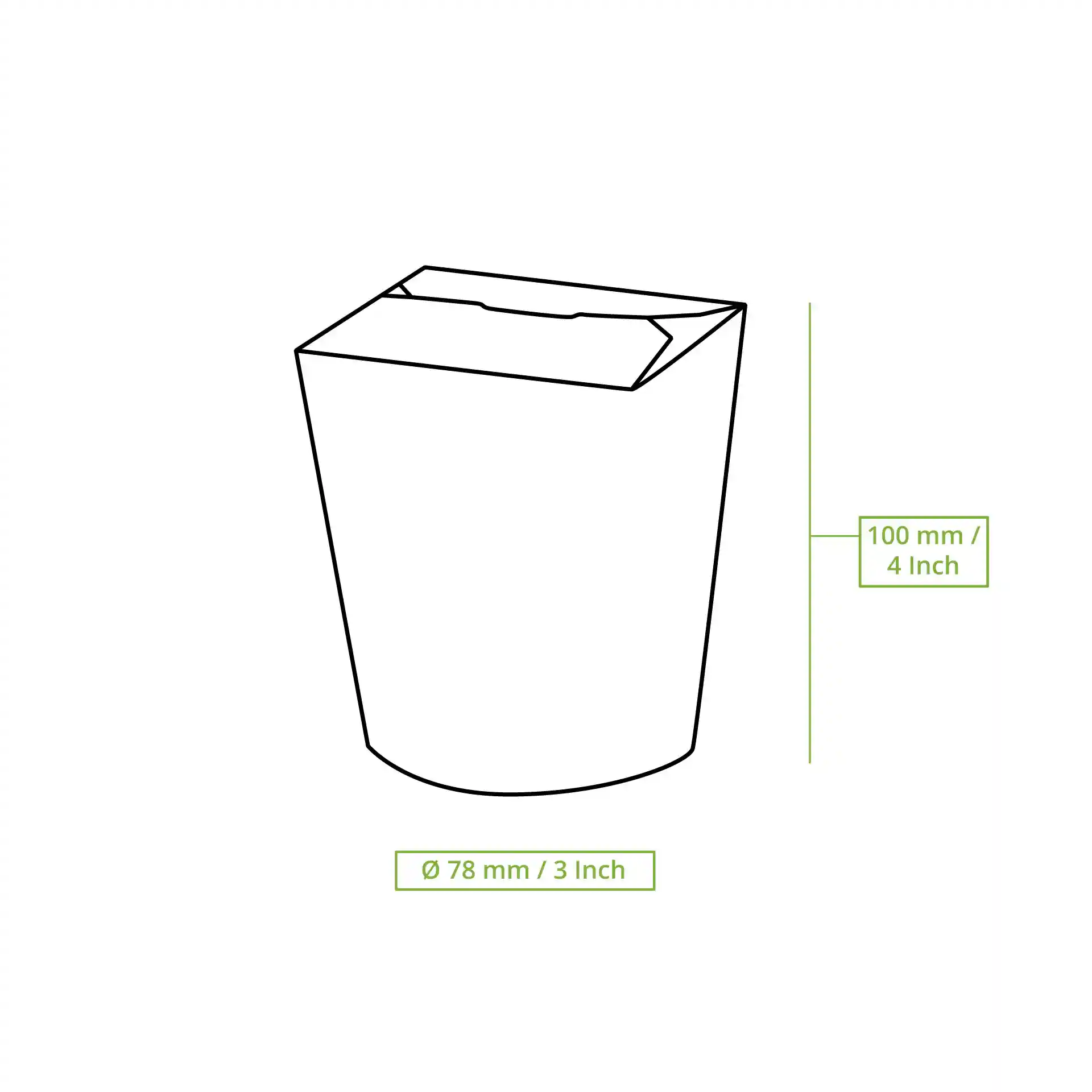 Disegno schematico di una scatola rotonda per noodles con dimensioni: altezza 100 mm e diametro 78 mm.