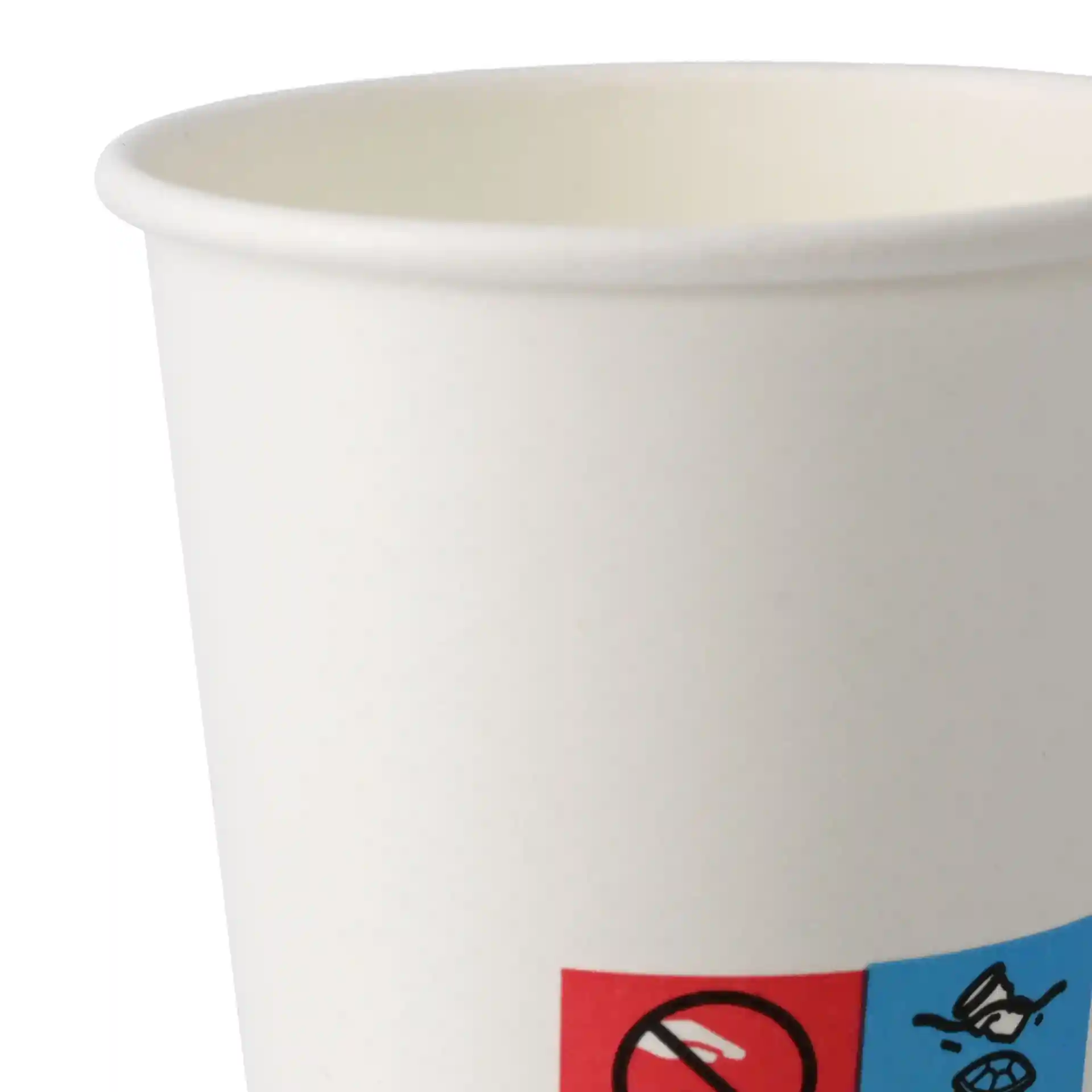 Bicchiere bianco con un diametro di 62 mm, con un'etichetta rossa e blu con simboli.
