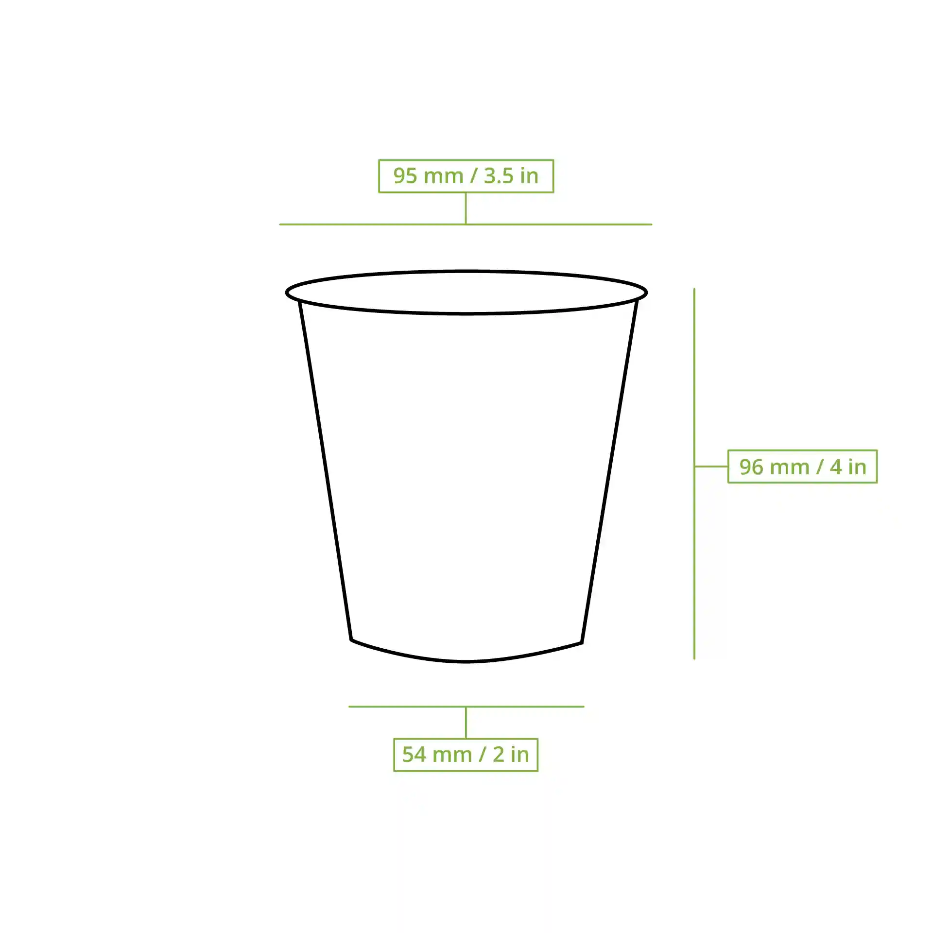 Disegno schematico di un bicchiere con linee di dimensione che mostrano un'altezza di 96 mm, un diametro superiore di 95 mm e un diametro inferiore di 54 mm.