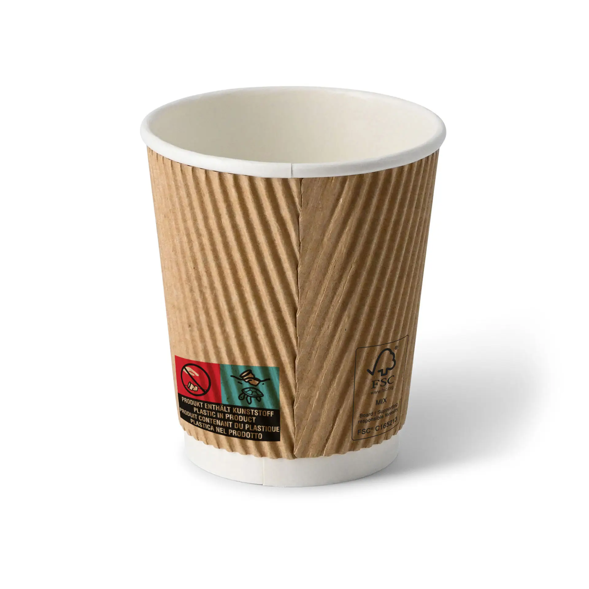 Una tazza da caffè marrone a onde con interno bianco; presenta etichette che indicano contenuti e informazioni per il riciclo.