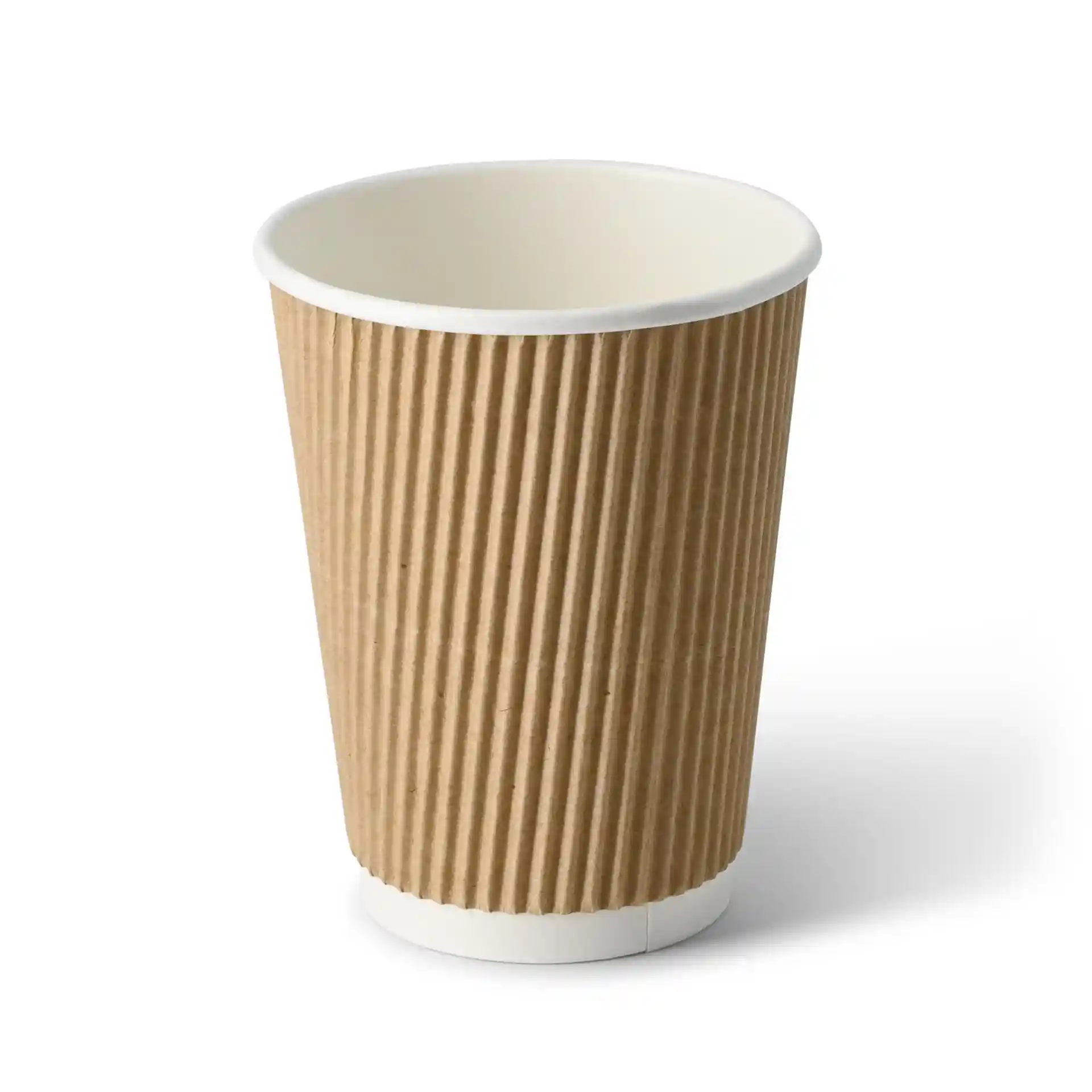 Tazza di cartone marrone a ondulazioni con interno bianco, capacità di 12 oz, forma rotonda.