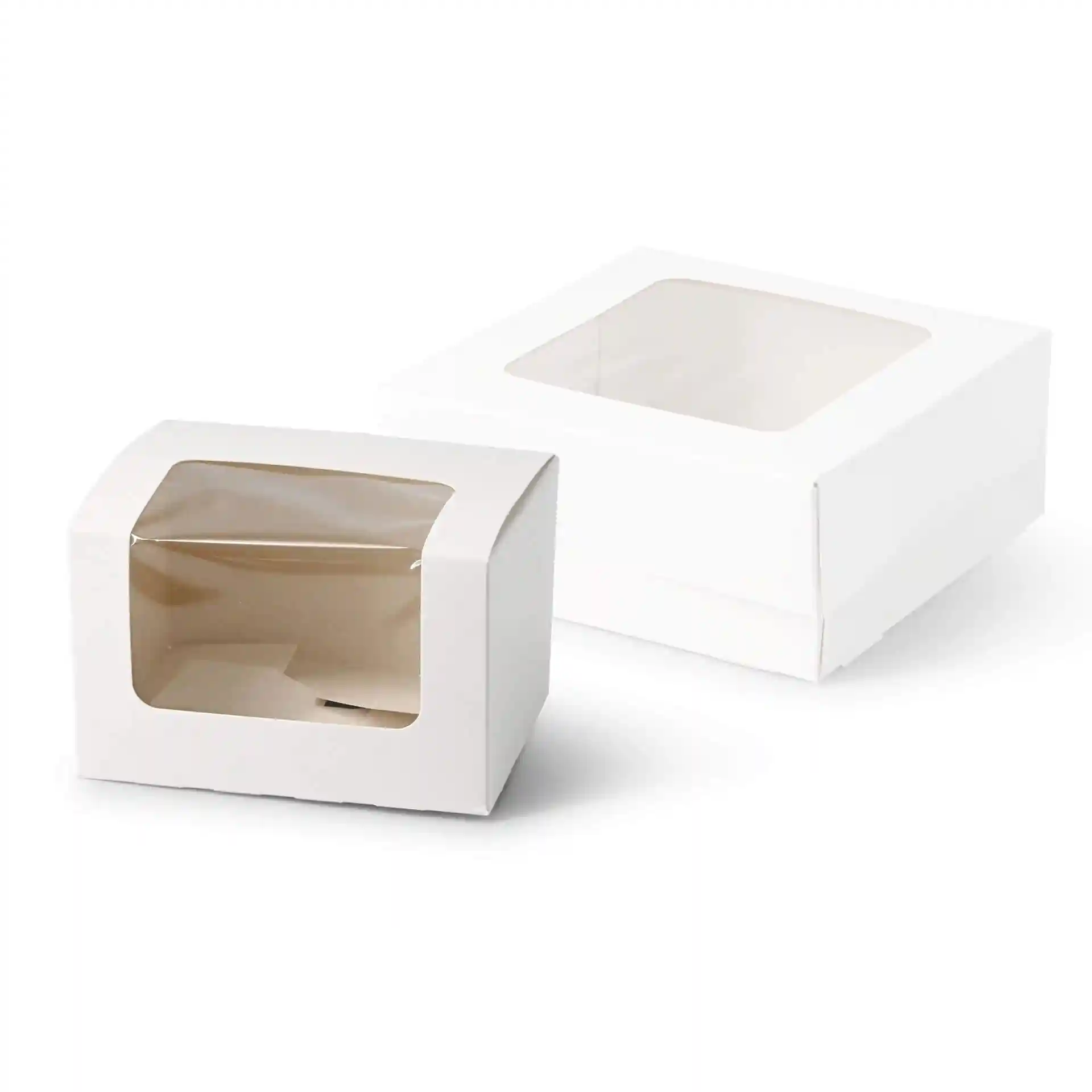 Scatole bianche per dolci con finestre in cellulosa, misurano 13 x 11 x 8 cm, presentate in due dimensioni.