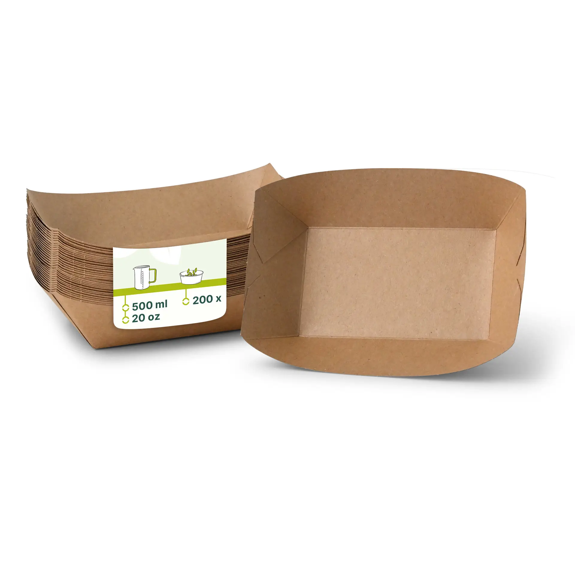 Ciotola per snack in cartone biologico premium, capacità di 500 ml; include un pacco di 200 vassoi di colore marrone.