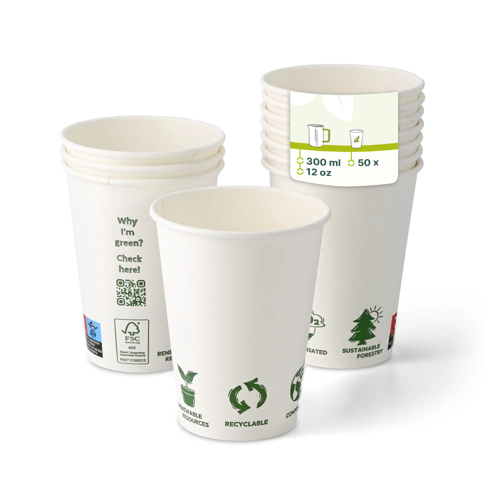 Bicchiere di carta 300 ml / 12 oz, Ø 90 mm, con icone "EcoUp©", monostrato, bianco, con rivestimento in PLA