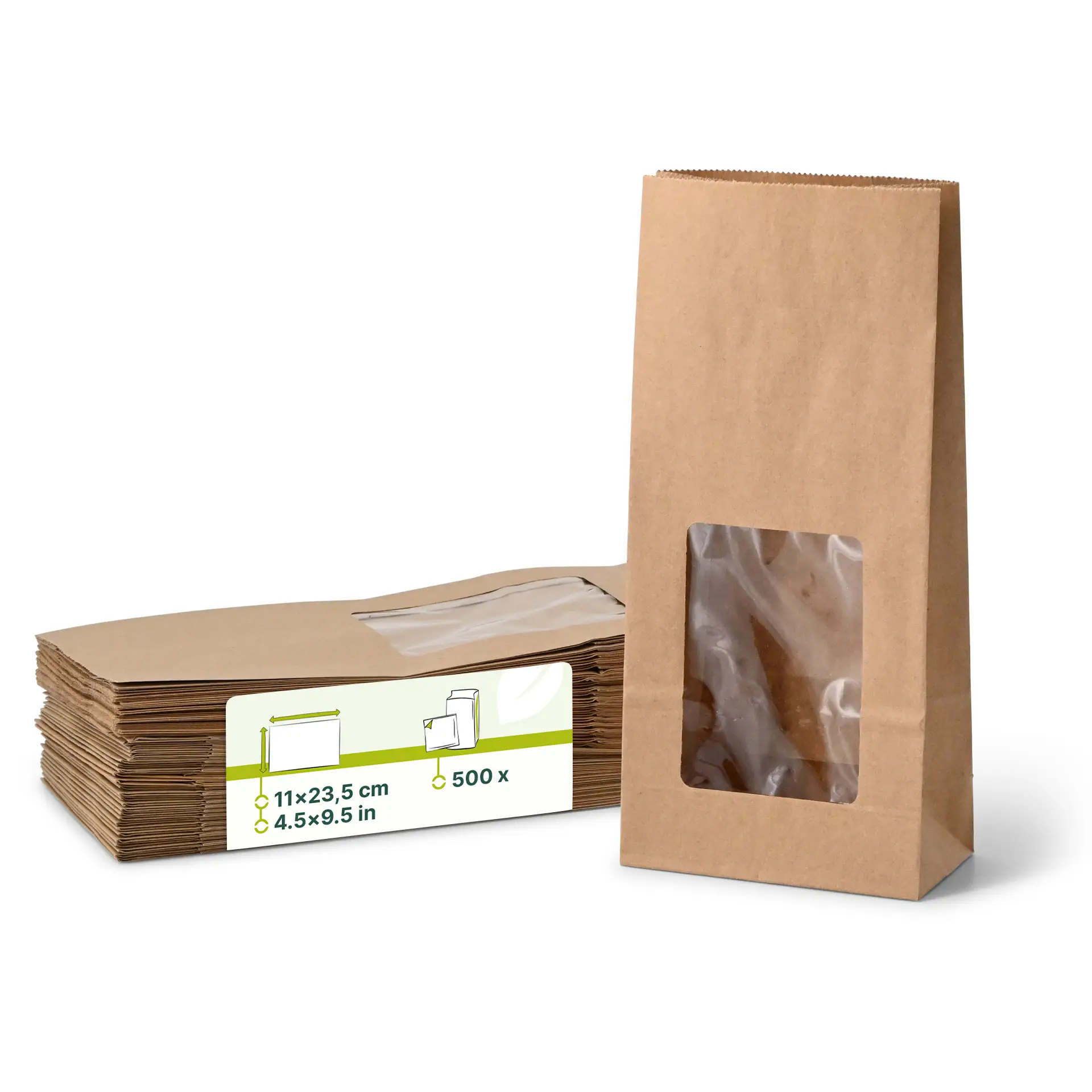 Blockbeutel m. PLA-Fenster M, 11 x 6 x 23,5 cm, braun, Kraftpapier